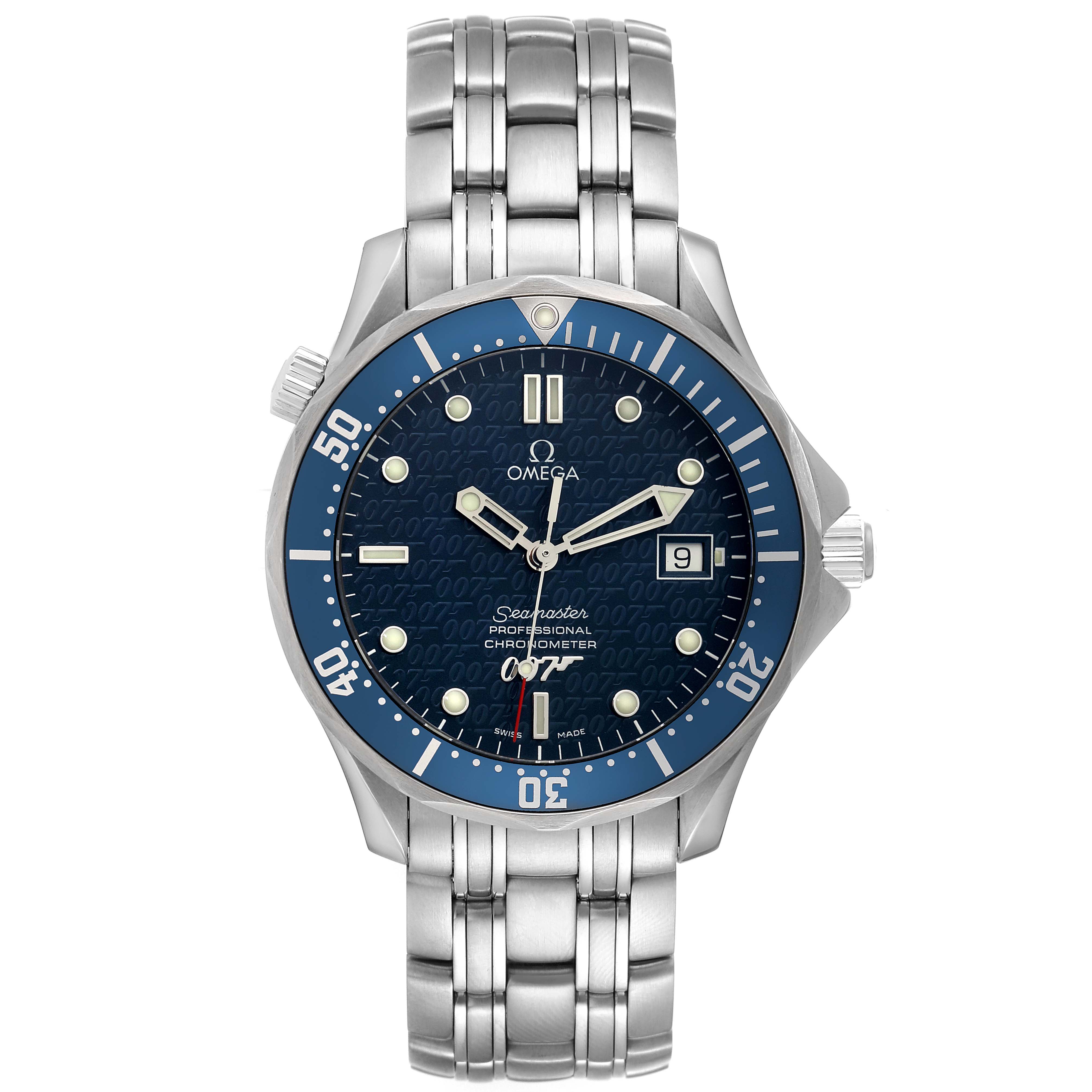 This image shows a front view of the Omega Seamaster 2537.80.00 Men's Stainless Steel Blue Dial 2537.80.00 Men's Stainless Steel Blue Dial watch, highlighting the dial, bezel, case, and bracelet.