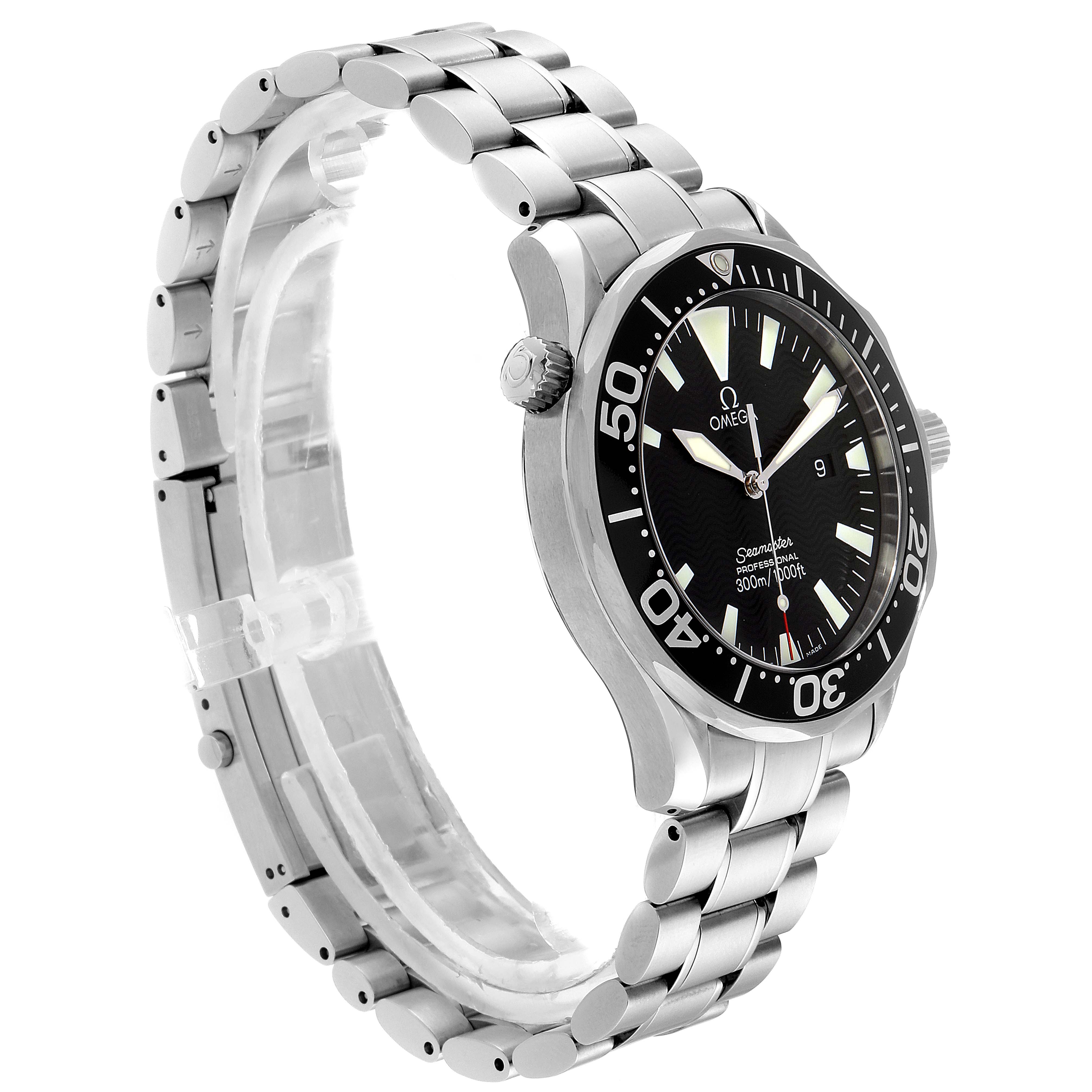 The image shows a side angle of an Omega Seamaster 2264.50.00 Men's Stainless Steel Black Dial 2264.50.00 Men's Stainless Steel Black Dial watch, highlighting the bracelet, bezel, and crown.
