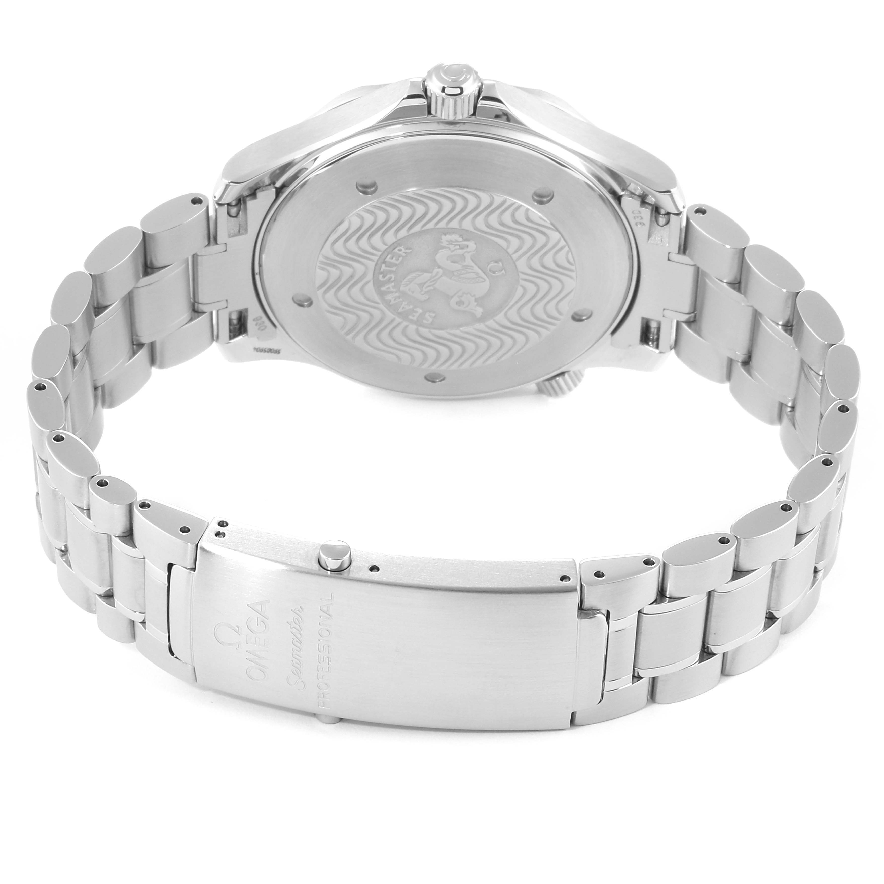 The image shows the back case and metal bracelet of an Omega Seamaster 2264.50.00 Men's Stainless Steel Black Dial 2264.50.00 Men's Stainless Steel Black Dial watch from a rear angle.