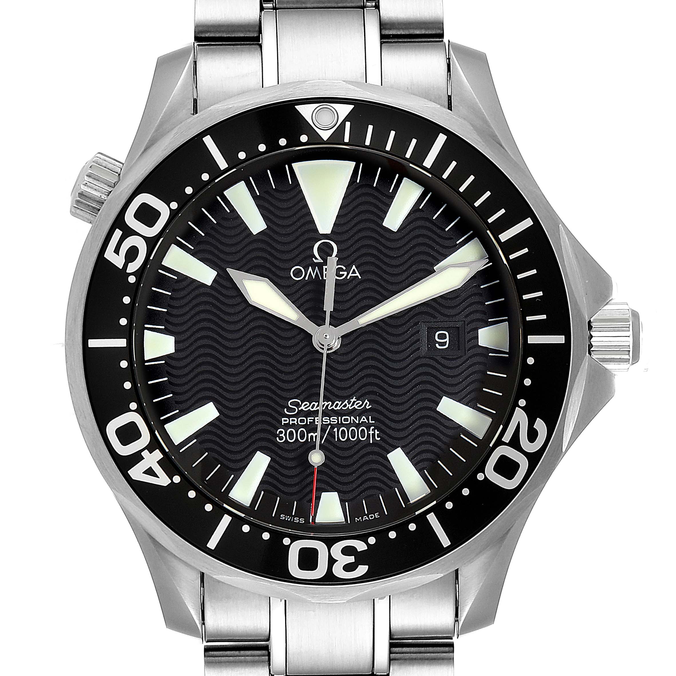 This image shows a front view of an Omega Seamaster 2264.50.00 Men's Stainless Steel Black Dial 2264.50.00 Men's Stainless Steel Black Dial watch, displaying the dial, bezel, crown, and part of the metal bracelet.