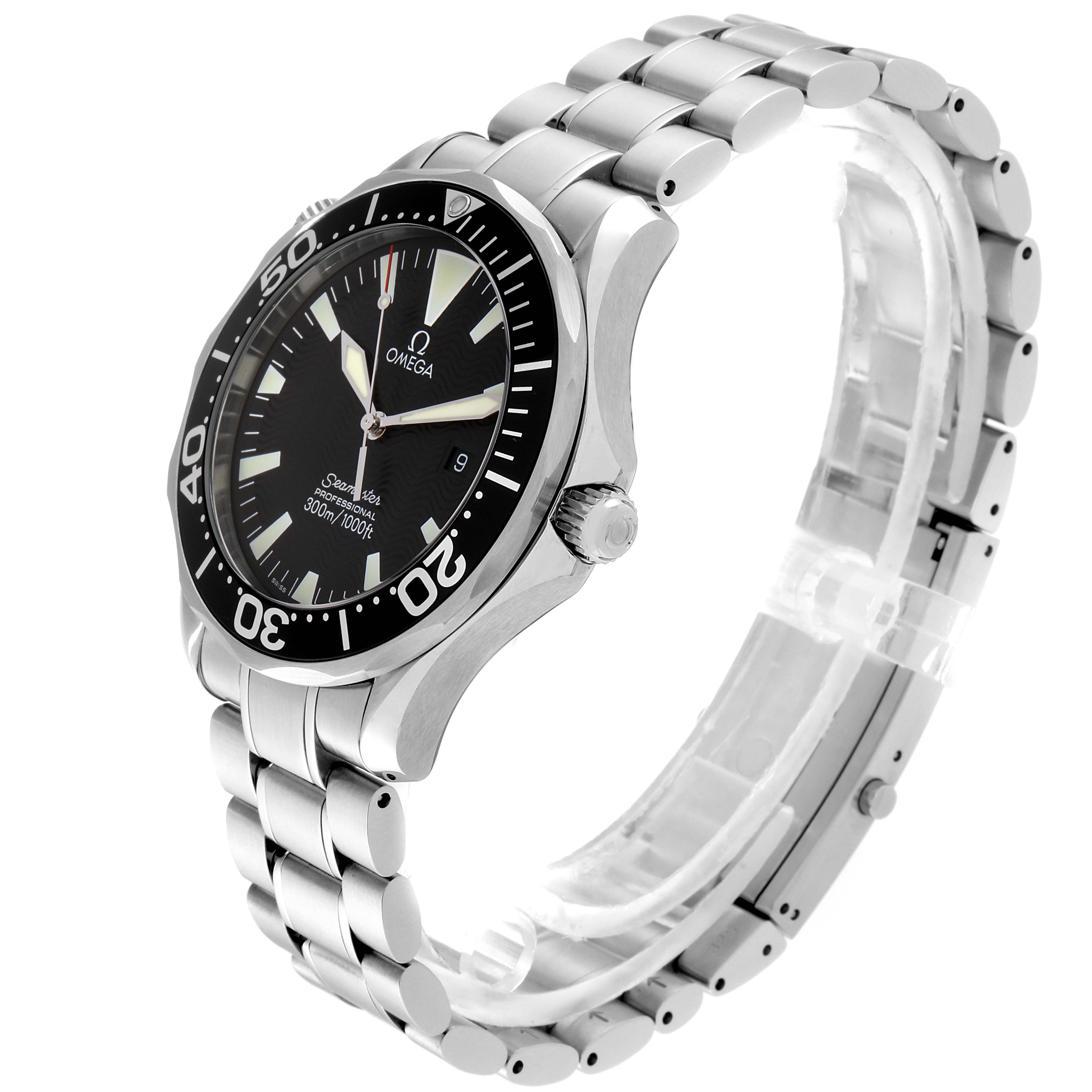 The image shows a side angle of an Omega Seamaster 2264.50.00 Men's Stainless Steel Black Dial 2264.50.00 Men's Stainless Steel Black Dial watch, highlighting its face, bezel, crown, and stainless steel bracelet.