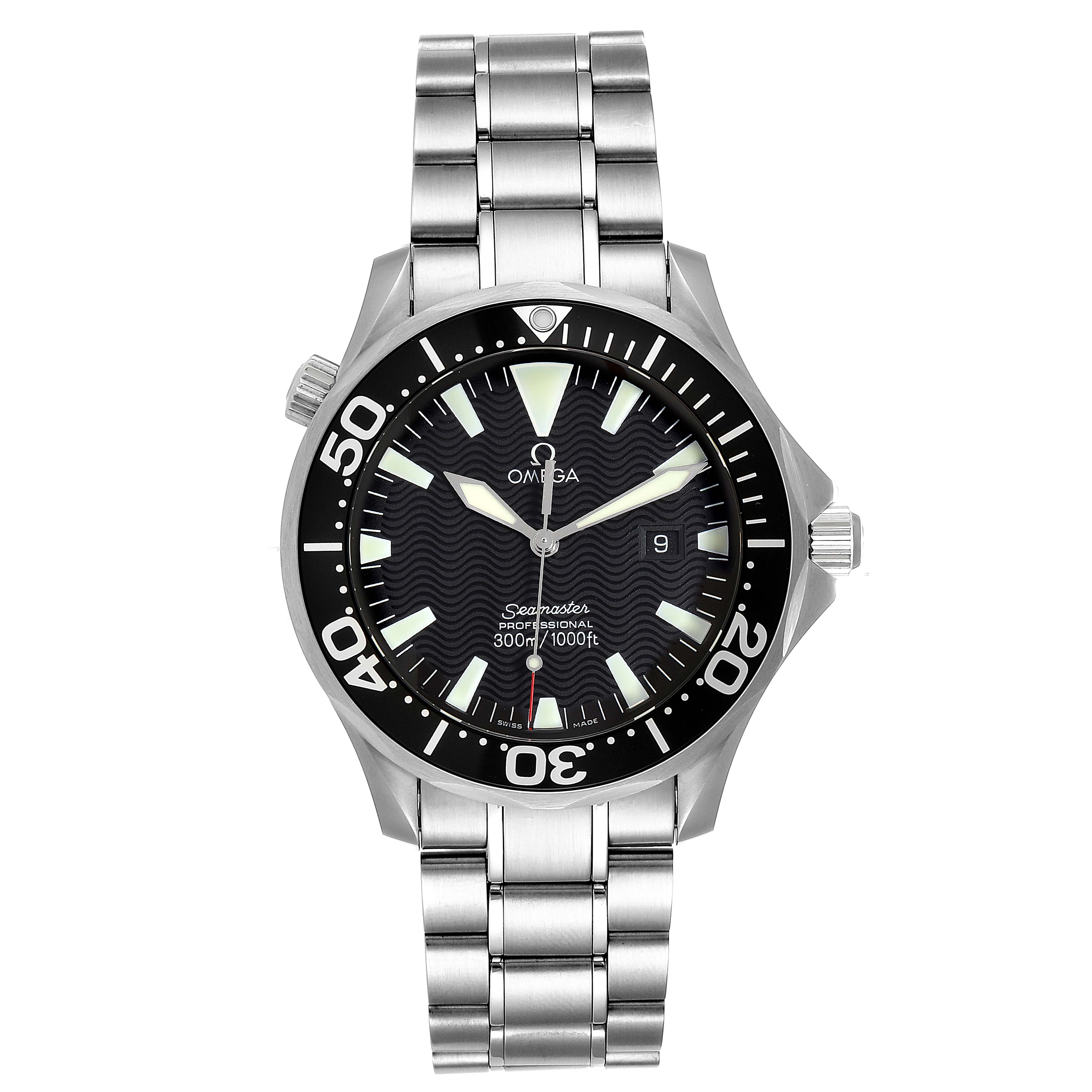 The Omega Seamaster 2264.50.00 Men's Stainless Steel Black Dial 2264.50.00 Men's Stainless Steel Black Dial watch shown is a front view, displaying its dial, bezel, case, and metal bracelet.