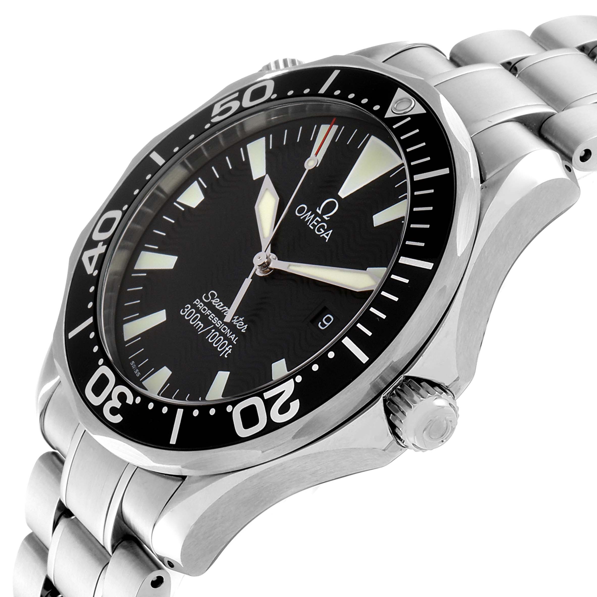 The image shows an angled view of the Omega Seamaster 2264.50.00 Men's Stainless Steel Black Dial 2264.50.00 Men's Stainless Steel Black Dial, highlighting the dial, bezel, crown, and part of the bracelet.