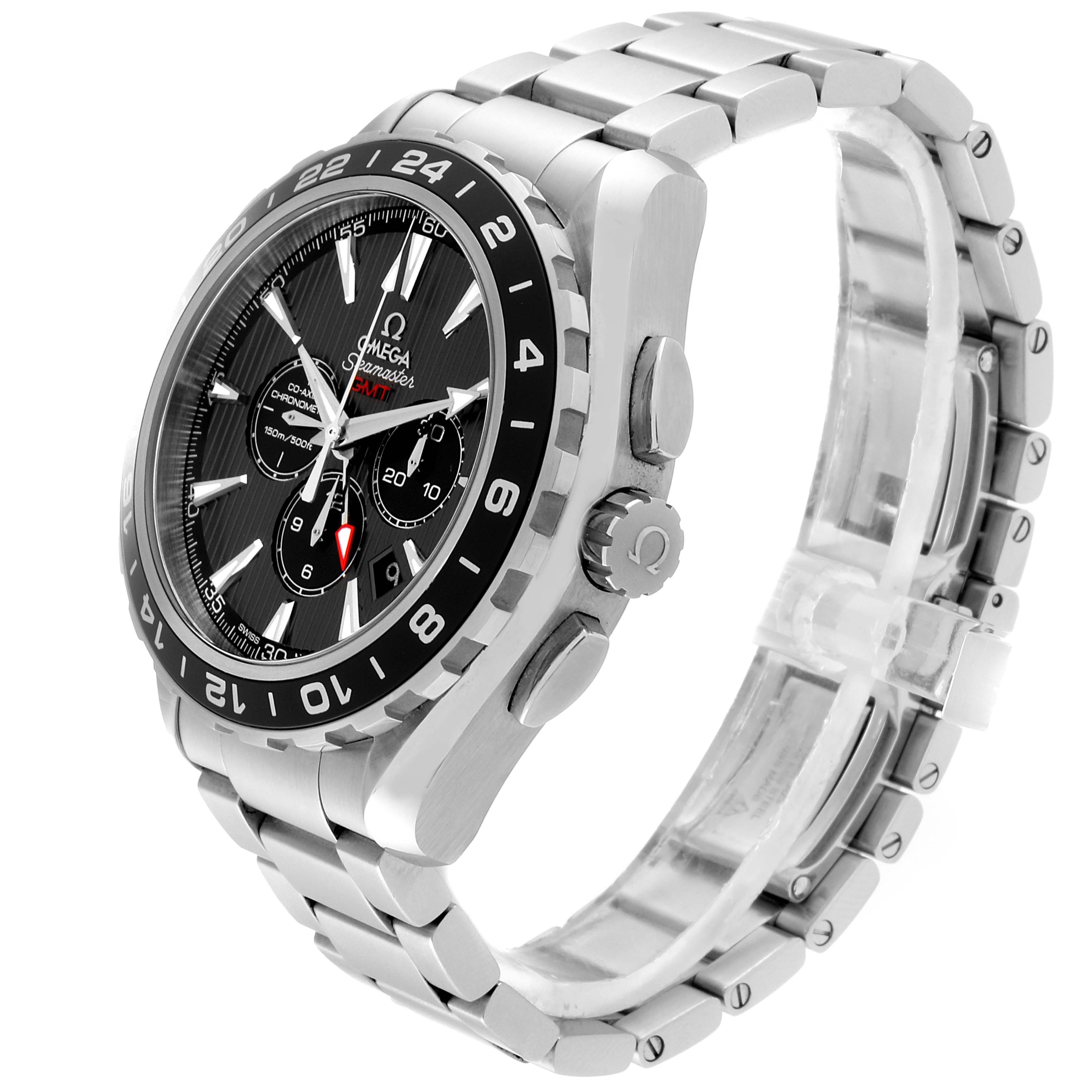 The Omega Aqua Terra 231.10.44.52.06.001 Men's Stainless Steel Grey Dial 231.10.44.52.06.001 Men's Stainless Steel Grey Dial model watch is shown at a three-quarter angle, displaying its face, bezel, crown, and bracelet.