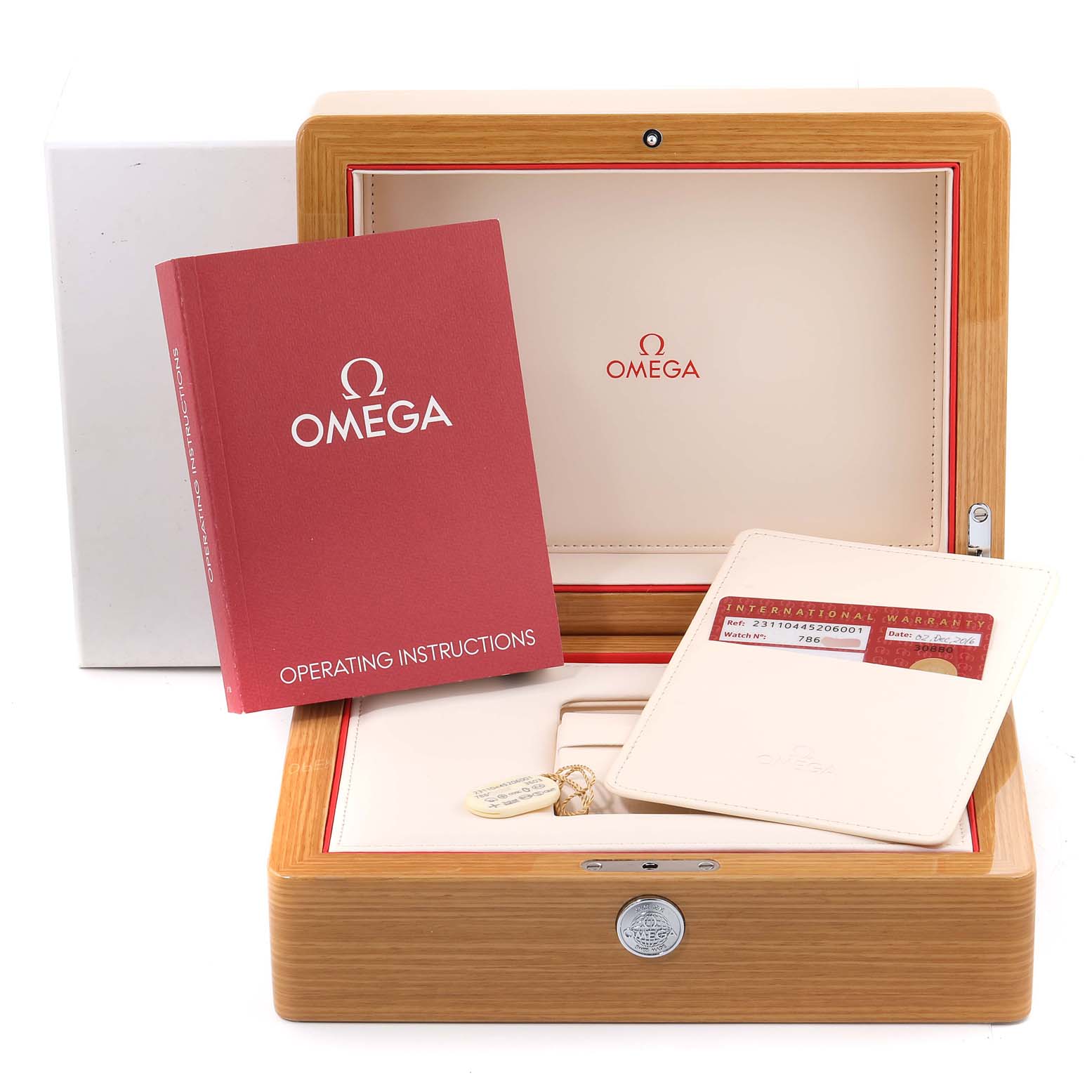 The image shows an opened Omega Aqua Terra 231.10.44.52.06.001 Men's Stainless Steel Grey Dial 231.10.44.52.06.001 Men's Stainless Steel Grey Dial watch box with operating instructions, an international warranty card, and a tag.