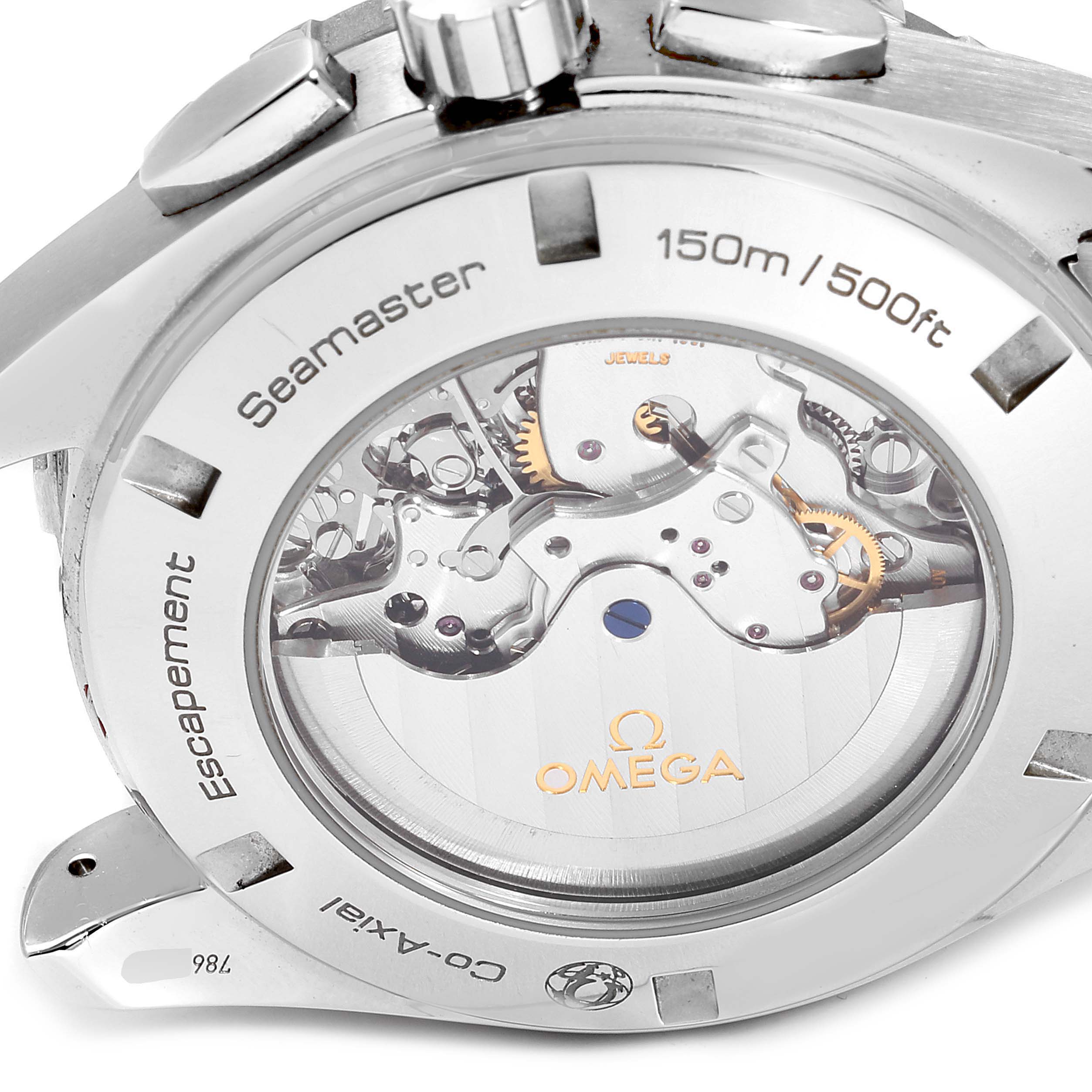 This image shows the back view of an Omega Aqua Terra 231.10.44.52.06.001 Men's Stainless Steel Grey Dial 231.10.44.52.06.001 Men's Stainless Steel Grey Dial watch, showcasing its movement and transparent case back.