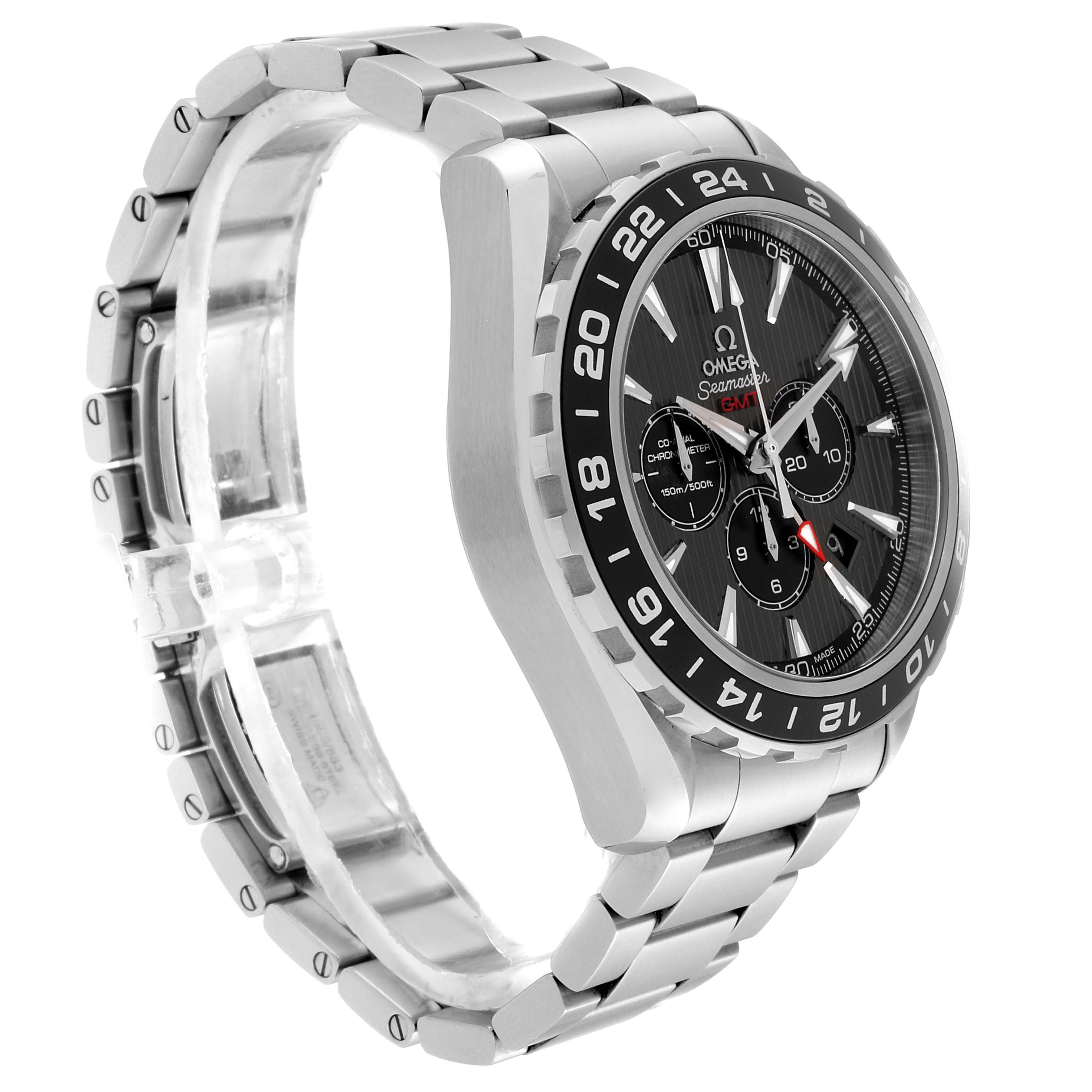 This image shows a side and front angle of the Omega Aqua Terra 231.10.44.52.06.001 Men's Stainless Steel Grey Dial 231.10.44.52.06.001 Men's Stainless Steel Grey Dial watch, highlighting its stainless steel bracelet and bezel.