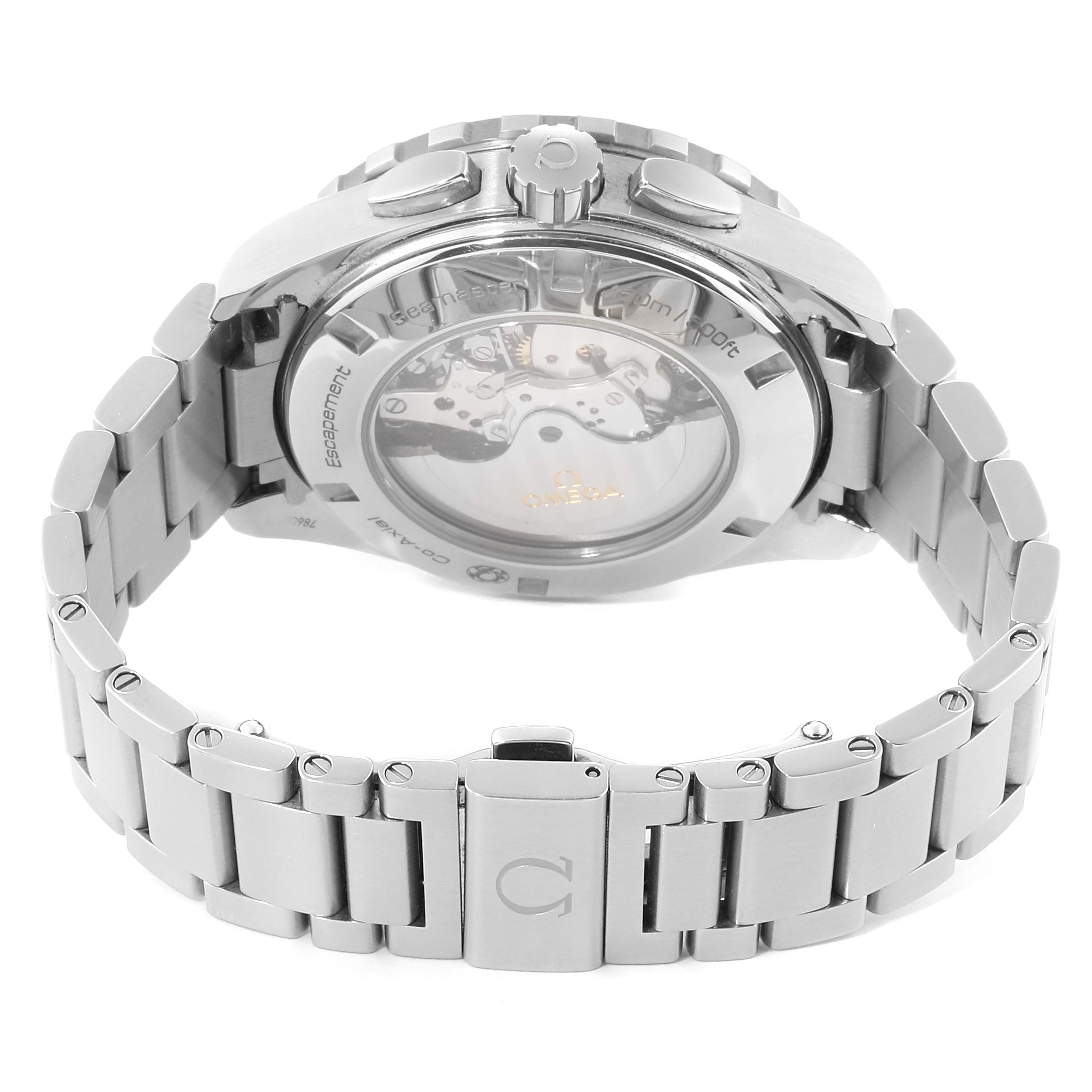 This Omega Aqua Terra 231.10.44.52.06.001 Men's Stainless Steel Grey Dial 231.10.44.52.06.001 Men's Stainless Steel Grey Dial model watch is shown from the back, displaying its transparent case back and bracelet.