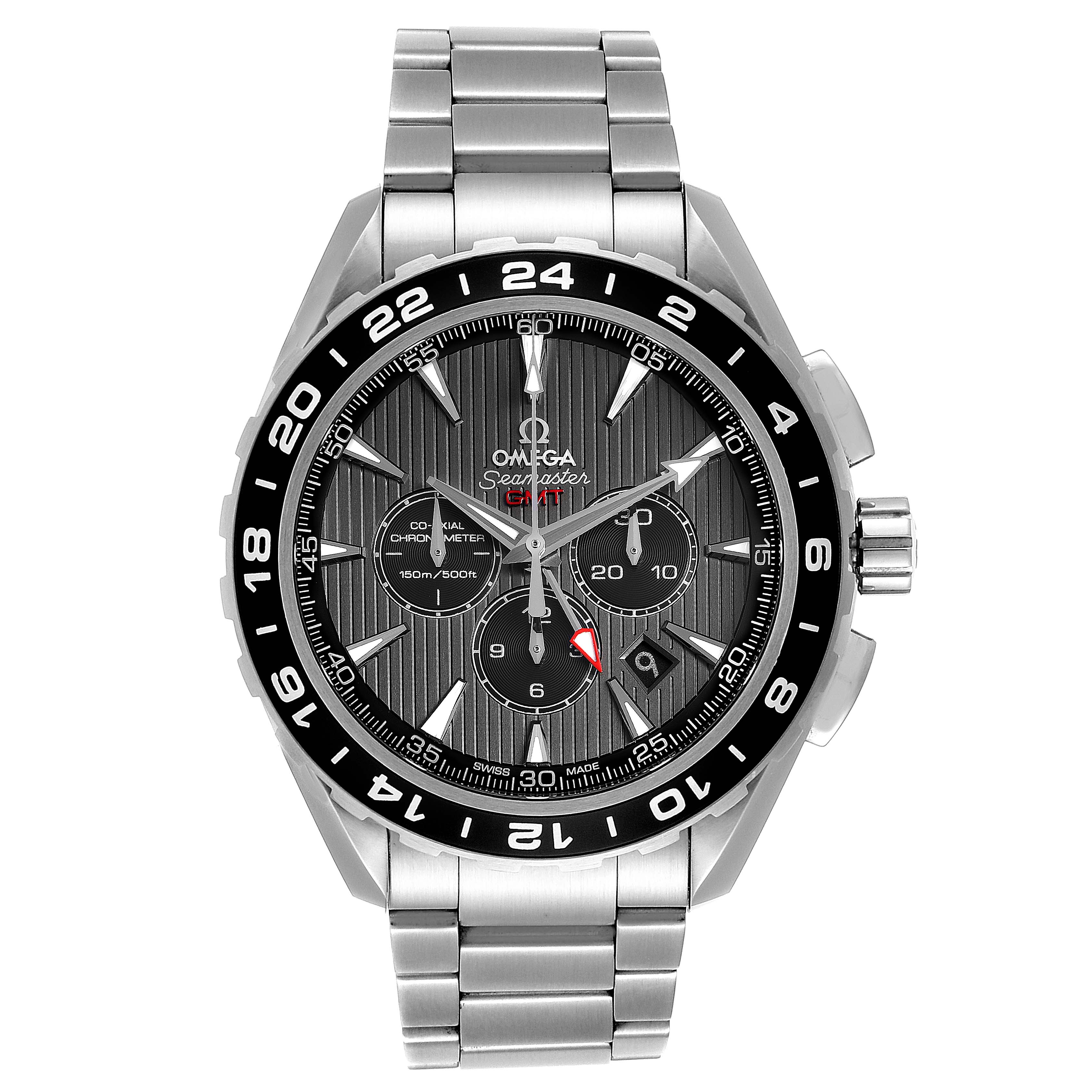 This is a front-facing view of the Aqua Terra Omega Seamaster, showing the dial, bezel, bracelet, and crown.