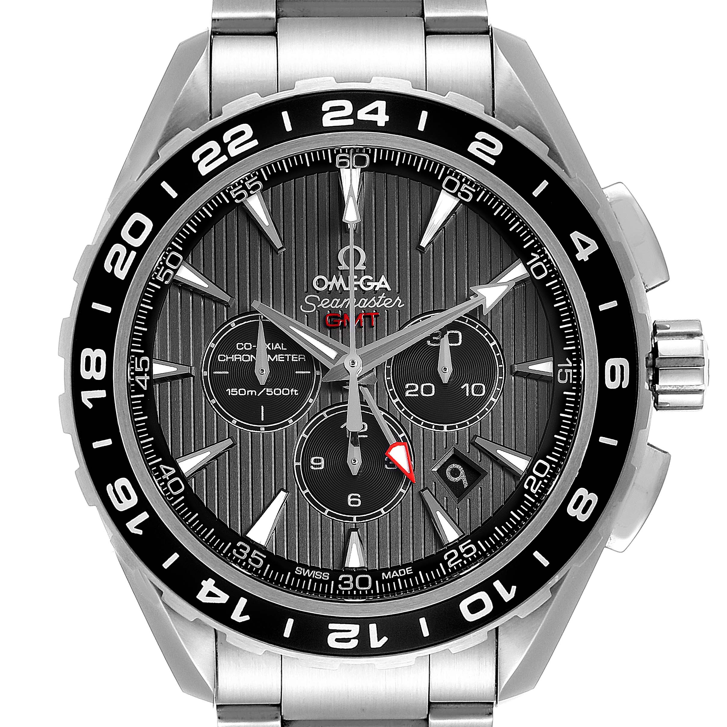 The Omega Aqua Terra 231.10.44.52.06.001 Men's Stainless Steel Grey Dial 231.10.44.52.06.001 Men's Stainless Steel Grey Dial model watch is shown from a straight-on angle, highlighting the dial, bezel, and part of the bracelet.