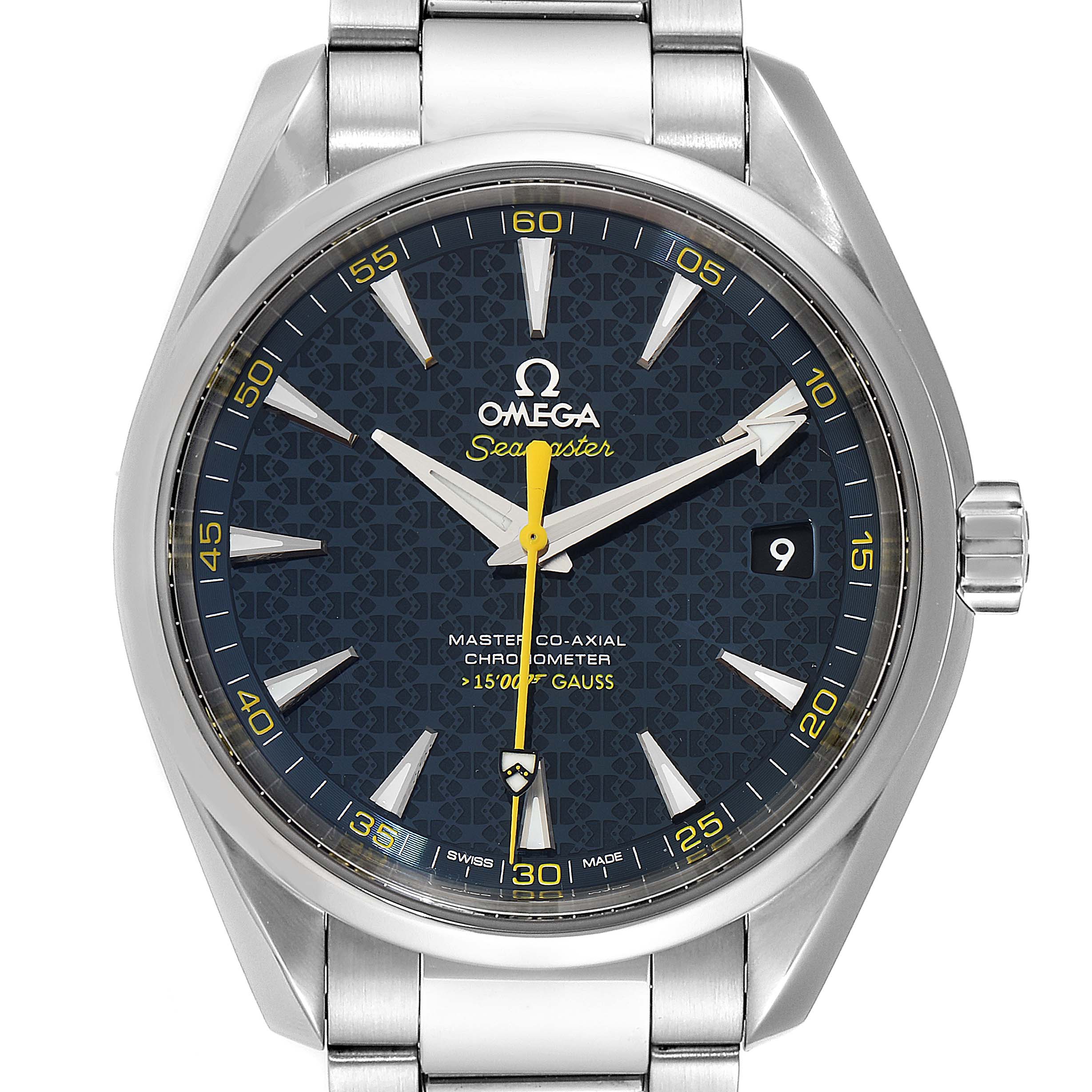 The image shows a front view of the Omega Aqua Terra 231.10.42.21.03.004 Men's Stainless Steel Blue Dial 231.10.42.21.03.004 Men's Stainless Steel Blue Dial Seamaster watch, highlighting its face, bezel, and part of the bracelet.