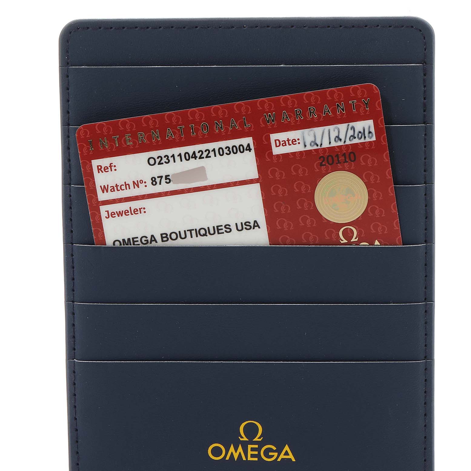 This image shows the warranty card and cardholder for the Omega Aqua Terra 231.10.42.21.03.004 Men's Stainless Steel Blue Dial 231.10.42.21.03.004 Men's Stainless Steel Blue Dial model watch.