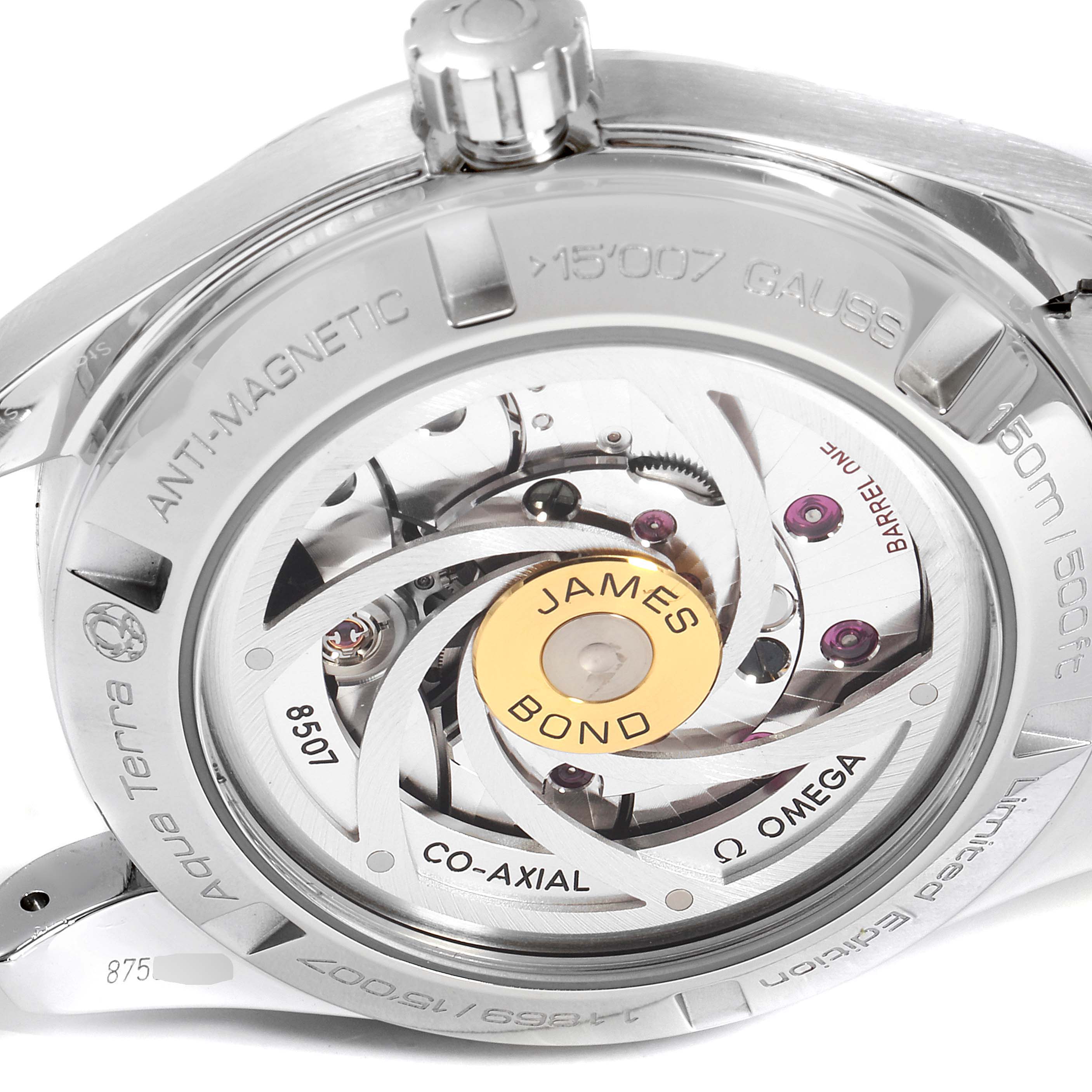 The image shows the back view of the Omega Aqua Terra 231.10.42.21.03.004 Men's Stainless Steel Blue Dial 231.10.42.21.03.004 Men's Stainless Steel Blue Dial watch, highlighting the movement and "James Bond" inscription.