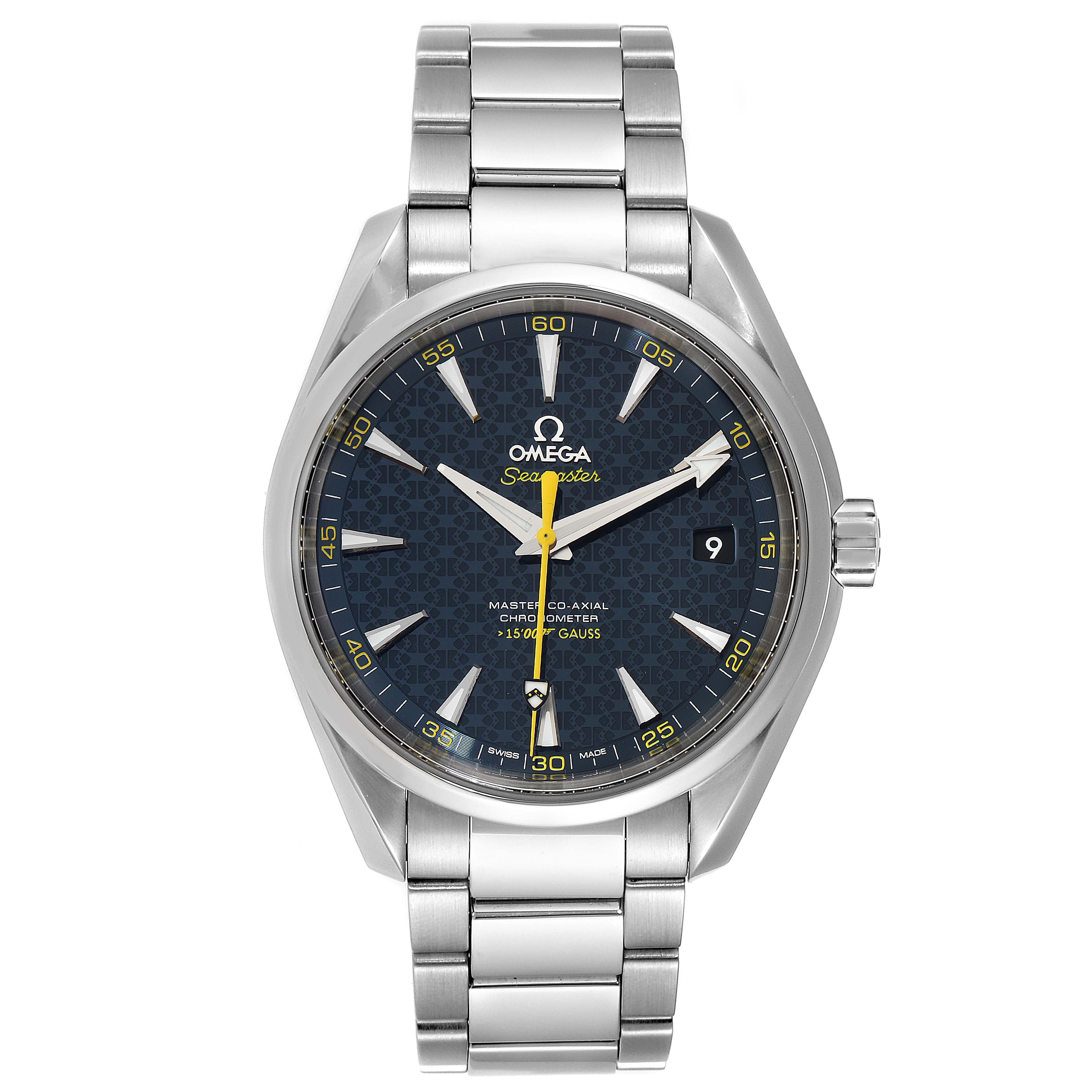 The image shows a frontal view of the Omega Aqua Terra 231.10.42.21.03.004 Men's Stainless Steel Blue Dial 231.10.42.21.03.004 Men's Stainless Steel Blue Dial watch, displaying its face, bracelet, and crown.