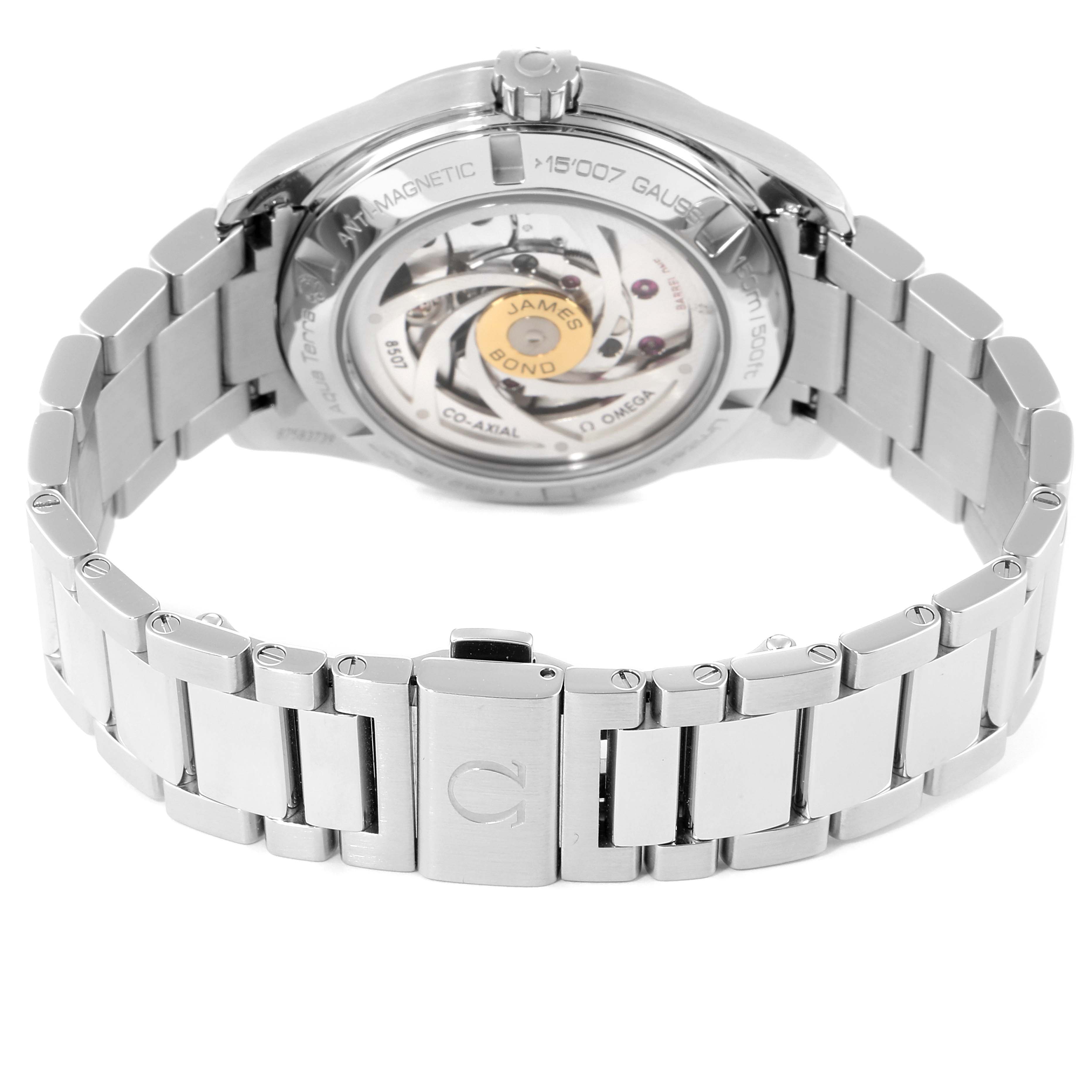 The image shows the backside of an Omega Aqua Terra 231.10.42.21.03.004 Men's Stainless Steel Blue Dial 231.10.42.21.03.004 Men's Stainless Steel Blue Dial watch, highlighting its automatic movement and stainless steel bracelet.