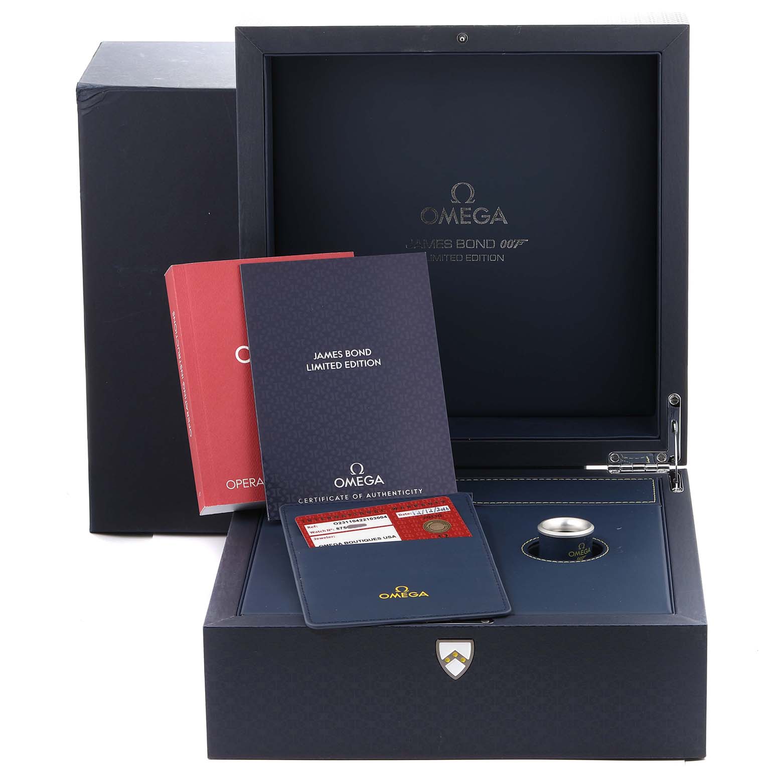 The image shows the packaging of an Omega Aqua Terra 231.10.42.21.03.004 Men's Stainless Steel Blue Dial 231.10.42.21.03.004 Men's Stainless Steel Blue Dial James Bond Limited Edition watch, including a box, manual, authenticity cards, and other accessories.