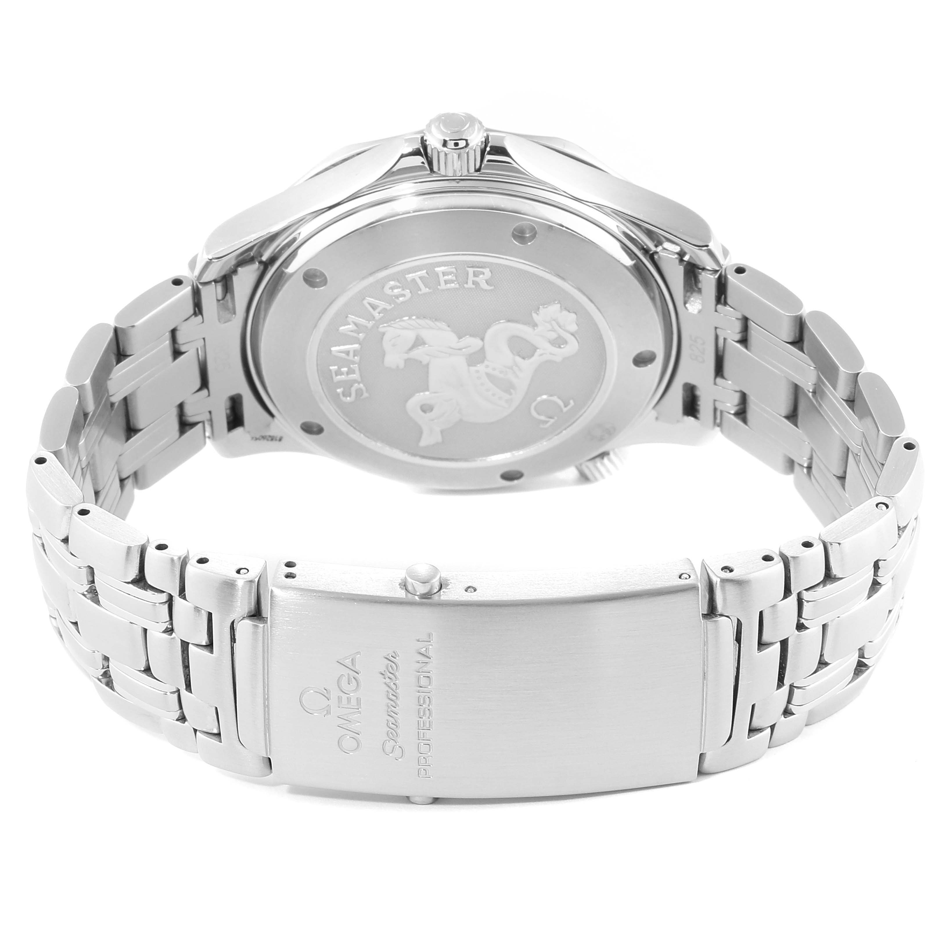 The image shows the back case and bracelet of an Omega Seamaster 2220.80.00 Men's Stainless Steel Blue Dial 2220.80.00 Men's Stainless Steel Blue Dial watch, viewed from the back.