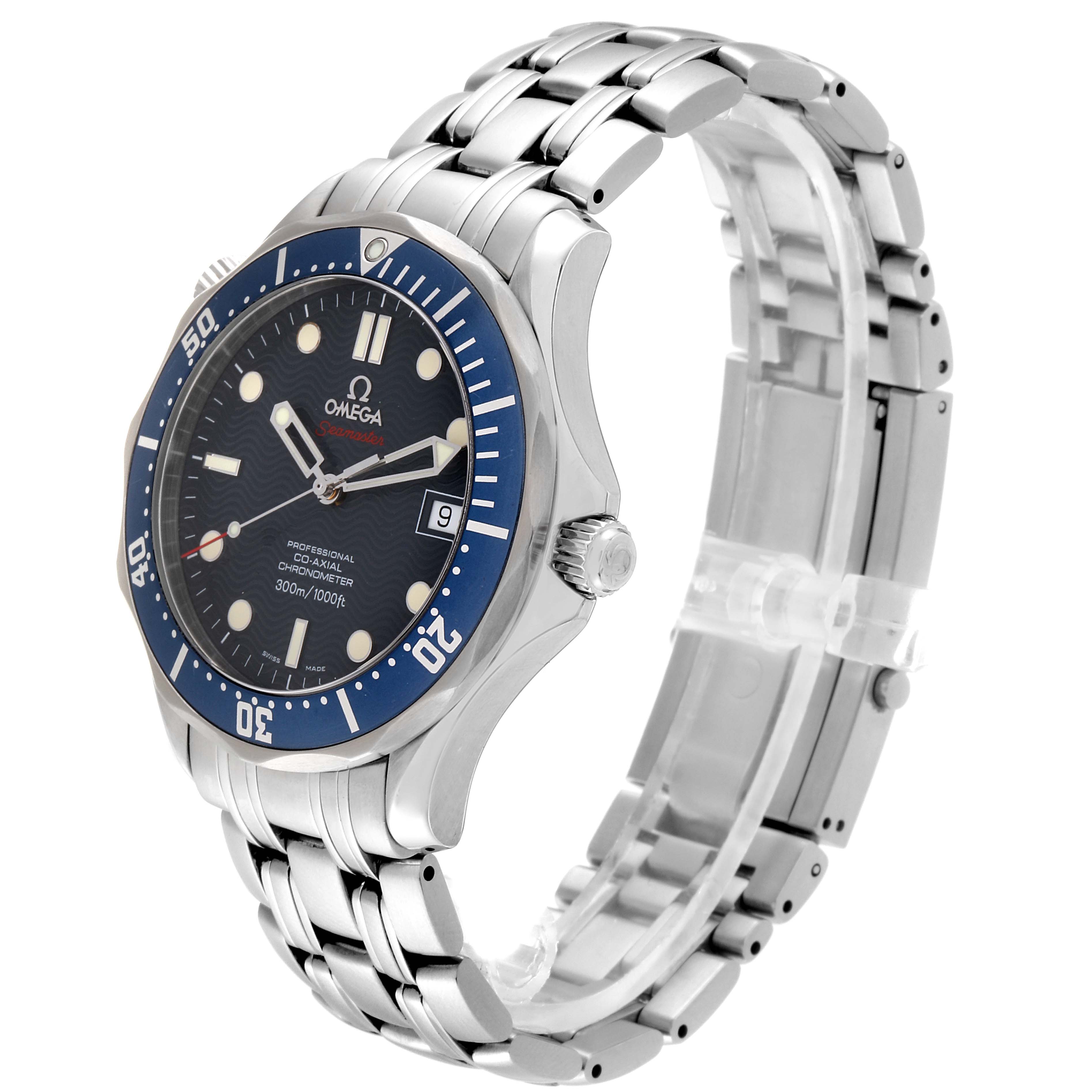 The image shows a side view of the Omega Seamaster 2220.80.00 Men's Stainless Steel Blue Dial 2220.80.00 Men's Stainless Steel Blue Dial watch, featuring its blue bezel, dial, and stainless steel bracelet.