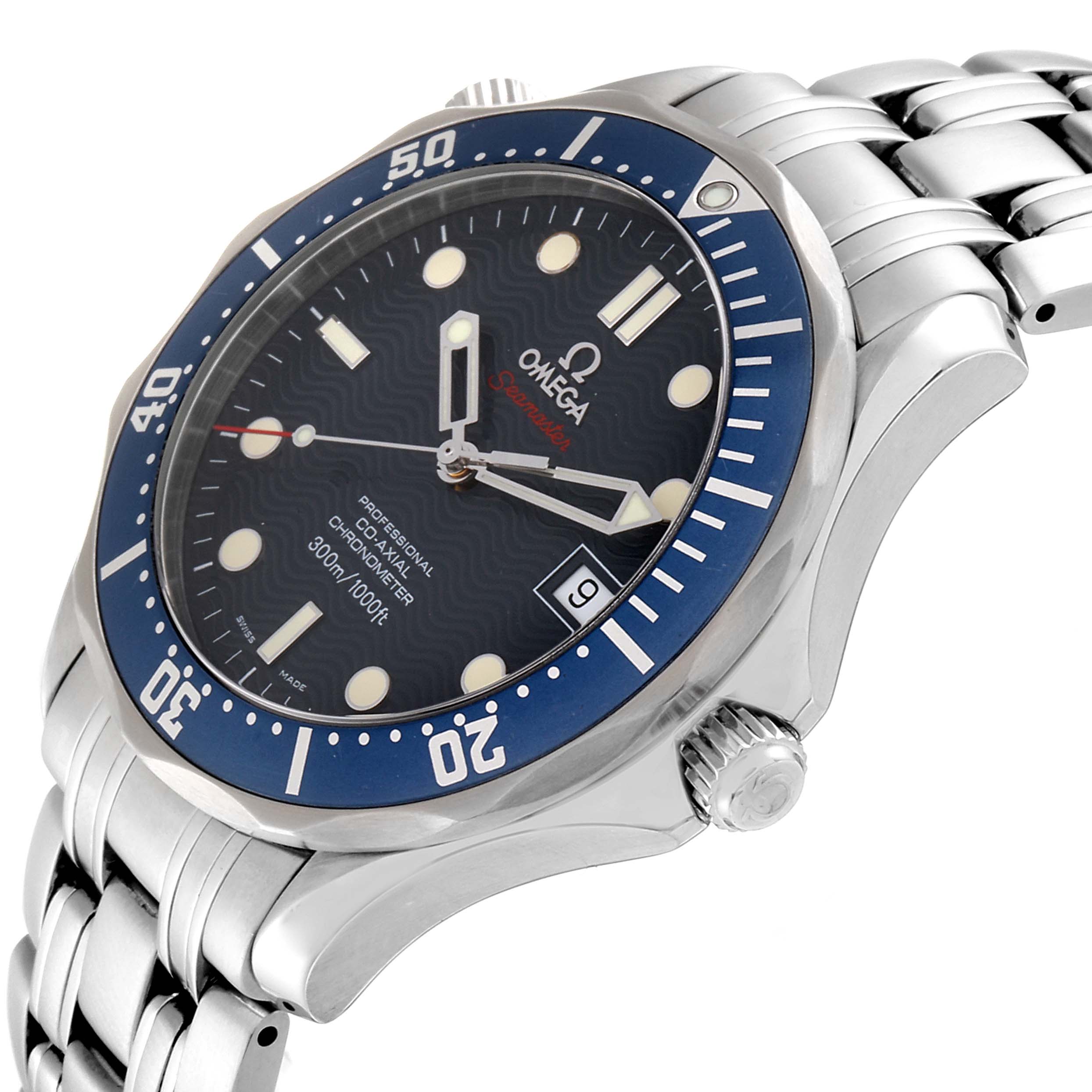 The image shows an angled view of the Omega Seamaster 2220.80.00 Men's Stainless Steel Blue Dial 2220.80.00 Men's Stainless Steel Blue Dial wristwatch, highlighting the bezel, crown, dial, and part of the bracelet.