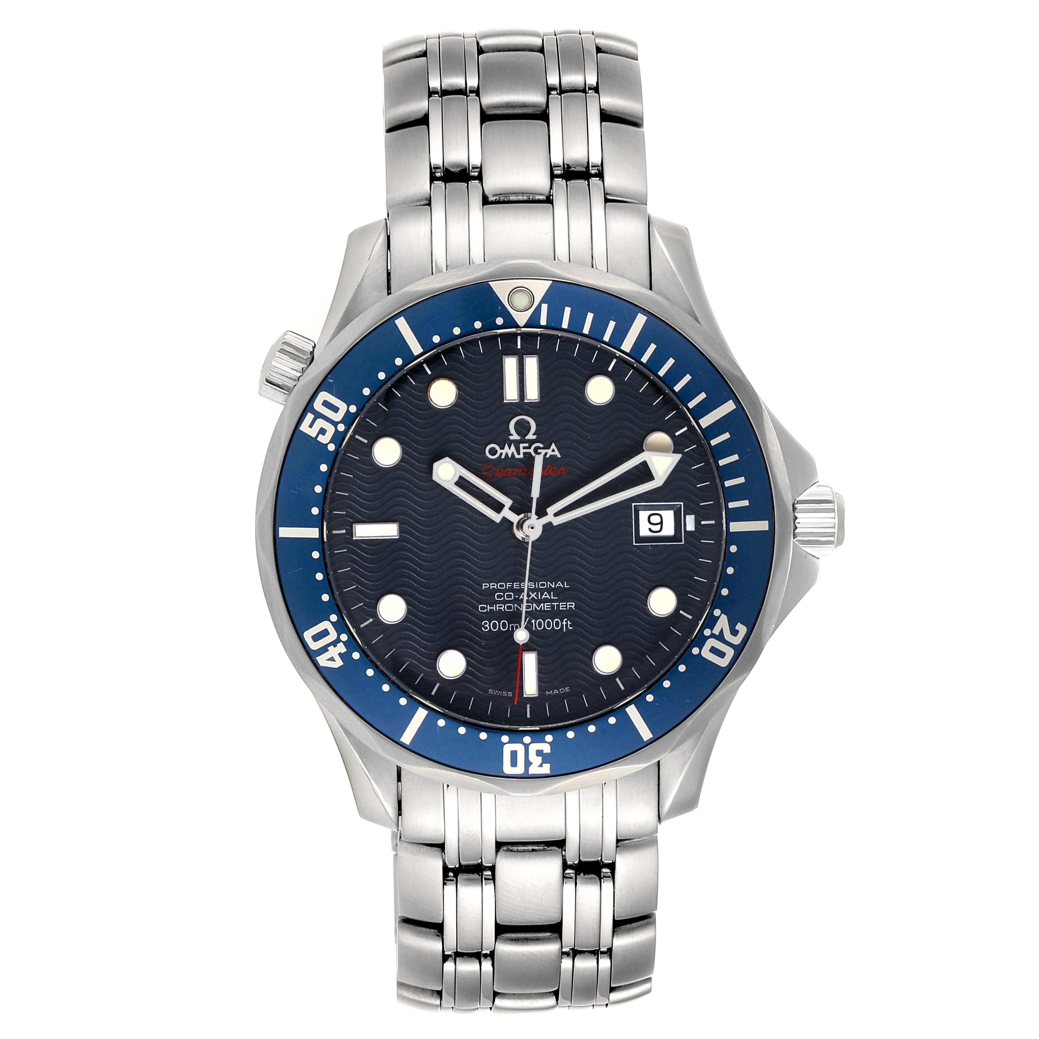 The image shows a frontal view of an Omega Seamaster 2220.80.00 Men's Stainless Steel Blue Dial 2220.80.00 Men's Stainless Steel Blue Dial watch, including its blue bezel, dial, and stainless steel bracelet.