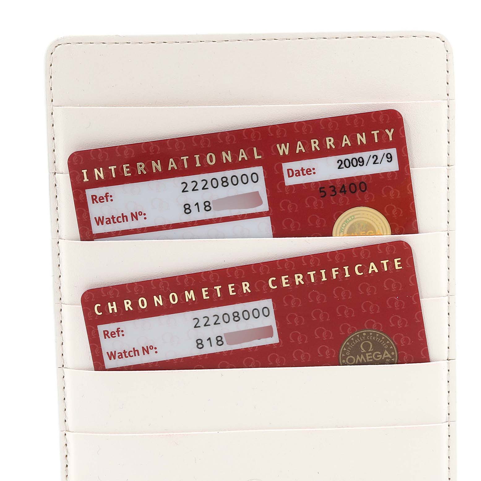 The image shows International Warranty and Chronometer Certificate cards for an Omega Seamaster 2220.80.00 Men's Stainless Steel Blue Dial 2220.80.00 Men's Stainless Steel Blue Dial watch in a cardholder.