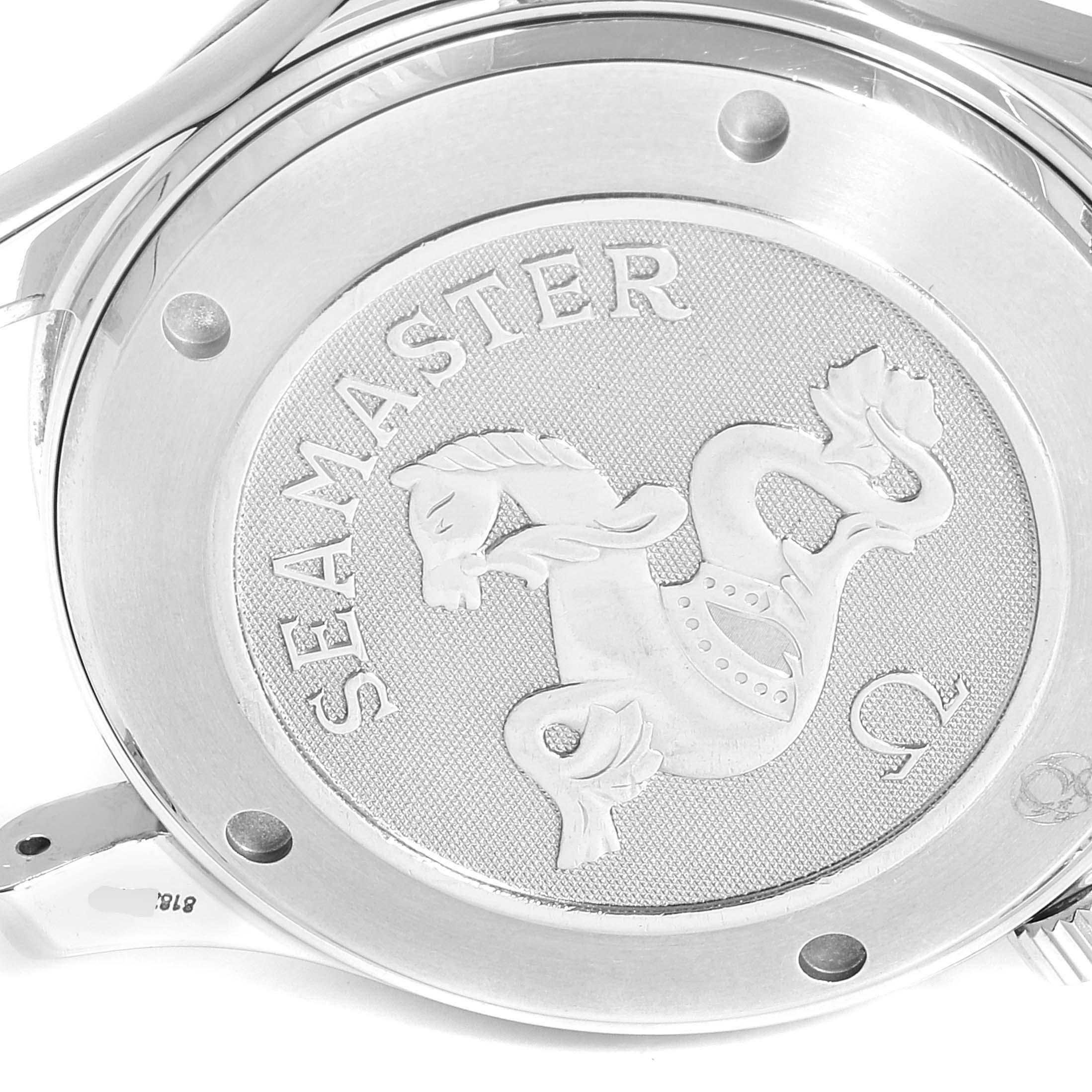 The image shows a close-up view of the case back of an Omega Seamaster 2220.80.00 Men's Stainless Steel Blue Dial 2220.80.00 Men's Stainless Steel Blue Dial watch, featuring the Seamaster logo.