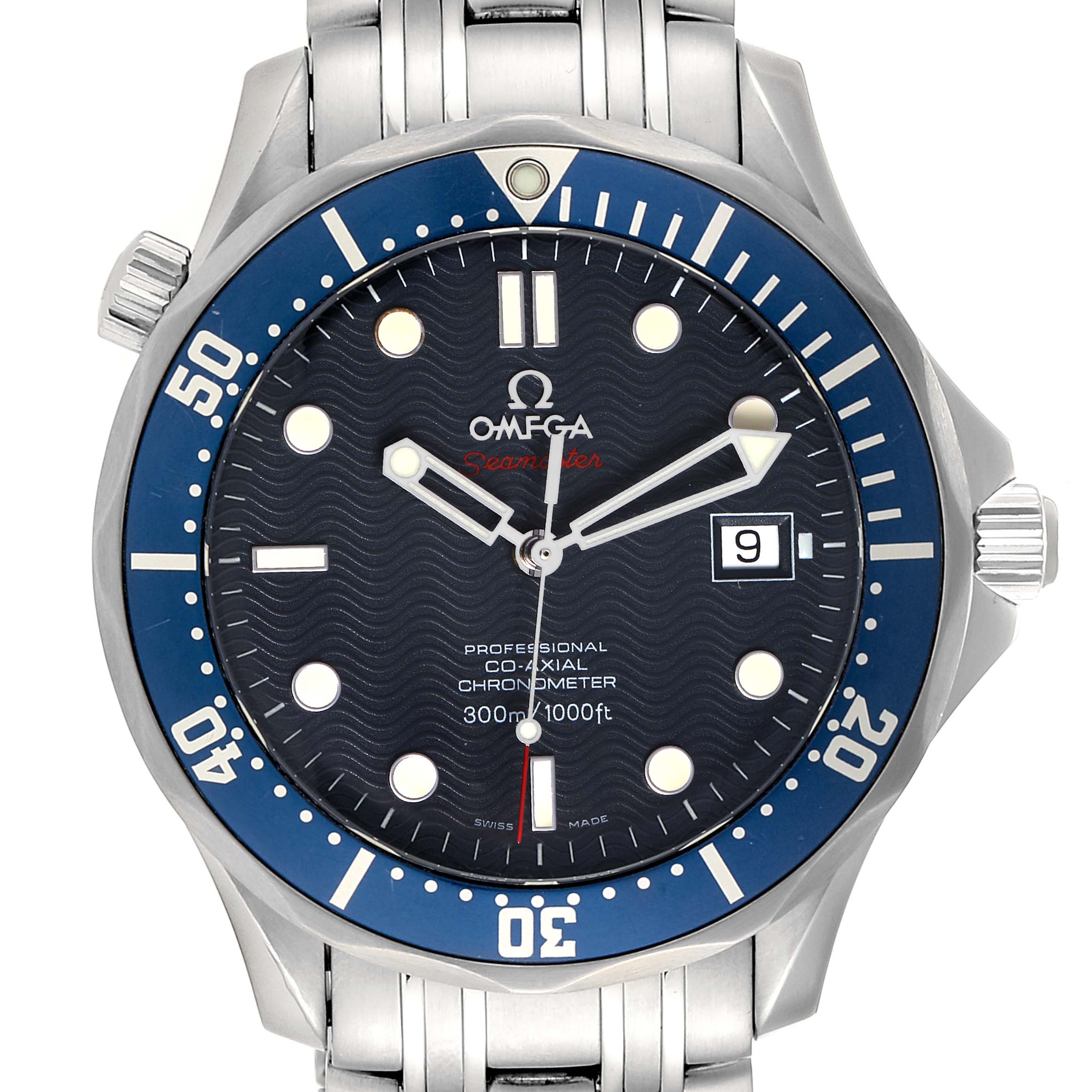 The Omega Seamaster 2220.80.00 Men's Stainless Steel Blue Dial 2220.80.00 Men's Stainless Steel Blue Dial watch is shown from a front angle, displaying its face, bezel, and part of the bracelet.