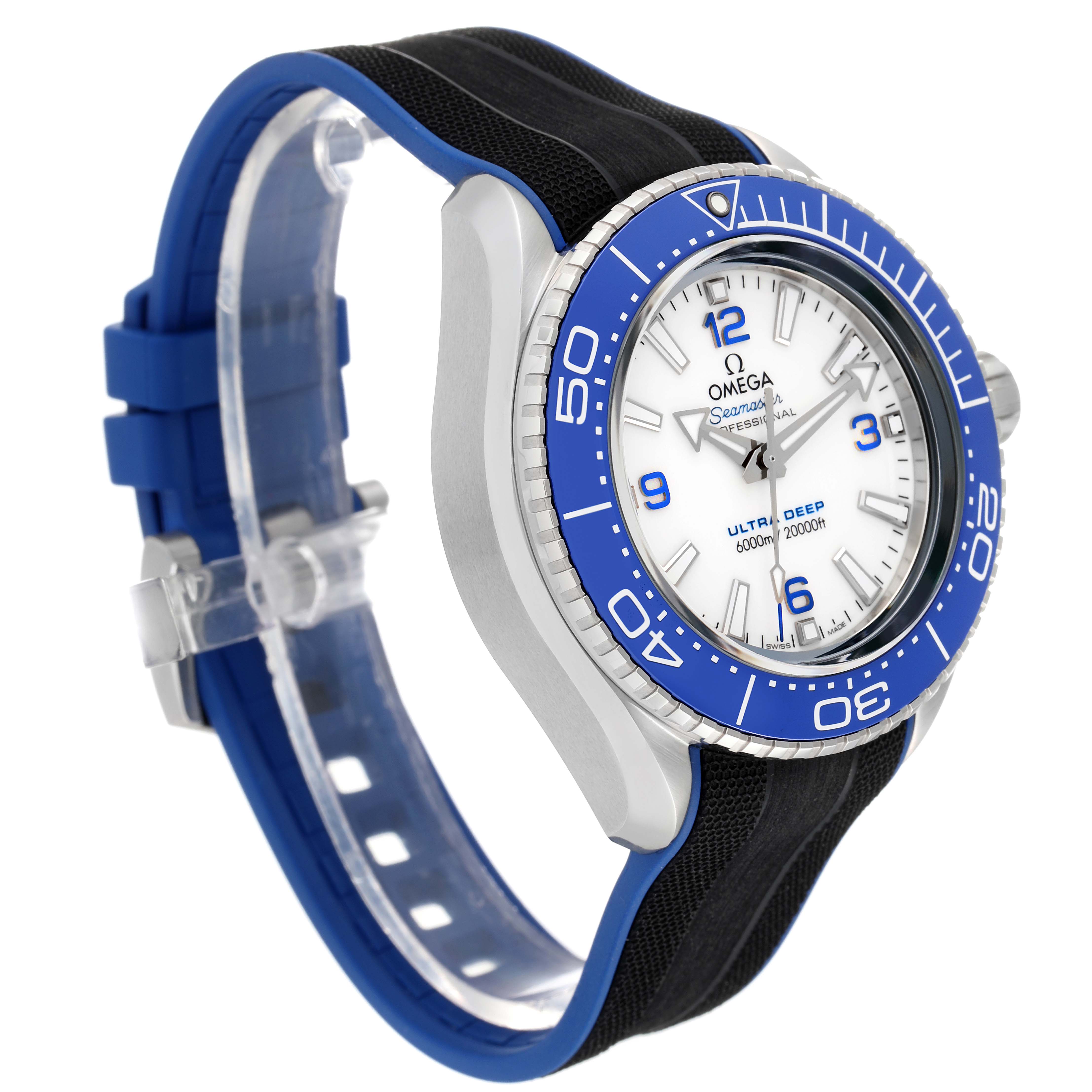 This image shows an angled front view of the Omega Planet Ocean 215.32.46.21.04.001 Men's Stainless Steel White Dial 215.32.46.21.04.001 Men's Stainless Steel White Dial watch, featuring a blue bezel and a black and blue strap.