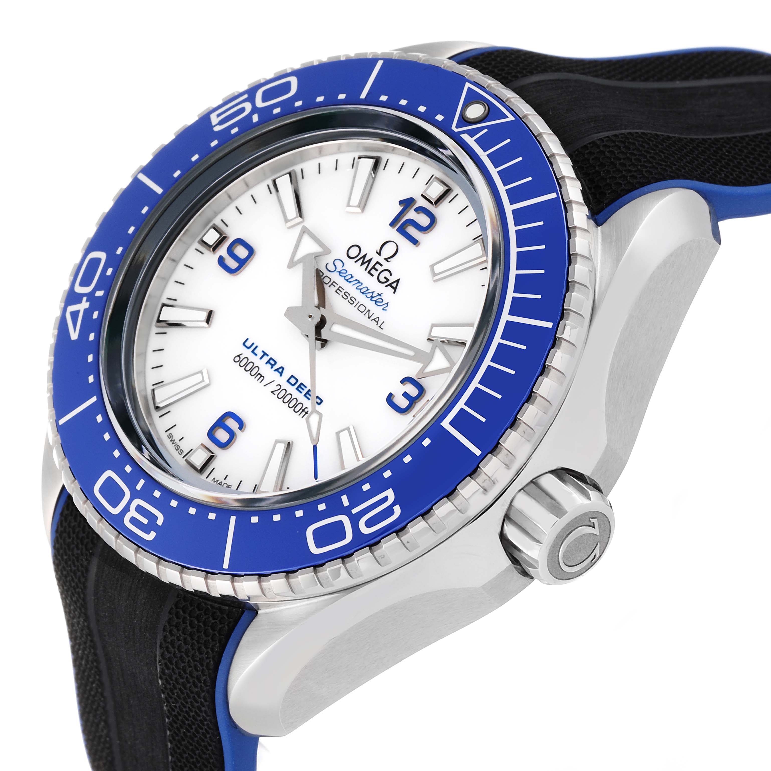 The image shows a close-up angled view of the Omega Planet Ocean 215.32.46.21.04.001 Men's Stainless Steel White Dial 215.32.46.21.04.001 Men's Stainless Steel White Dial watch, focusing on the dial, bezel, and crown.