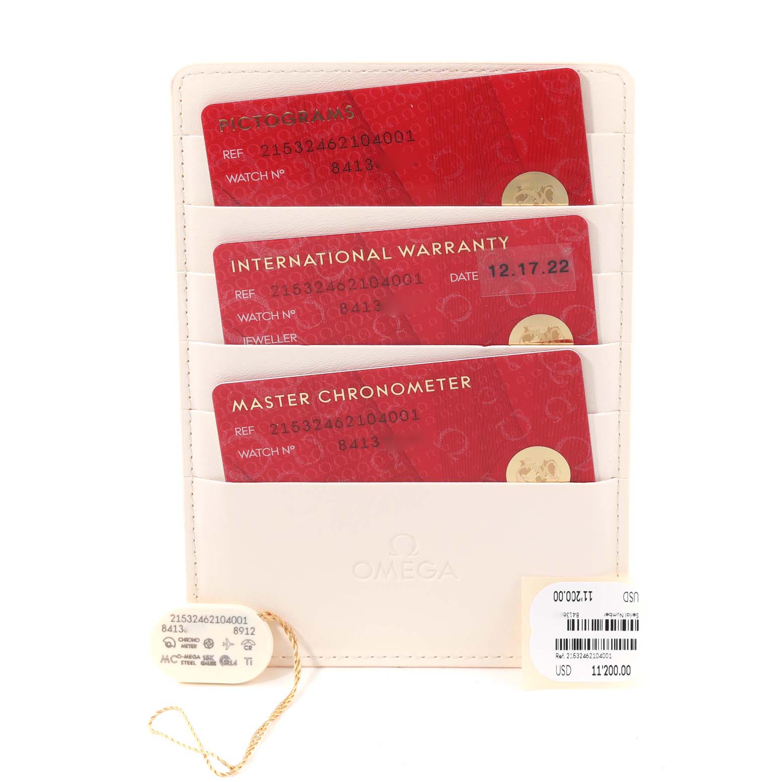 The image shows warranty and certification cards for an Omega Planet Ocean 215.32.46.21.04.001 Men's Stainless Steel White Dial 215.32.46.21.04.001 Men's Stainless Steel White Dial watch in a vertical card holder, along with price tags.