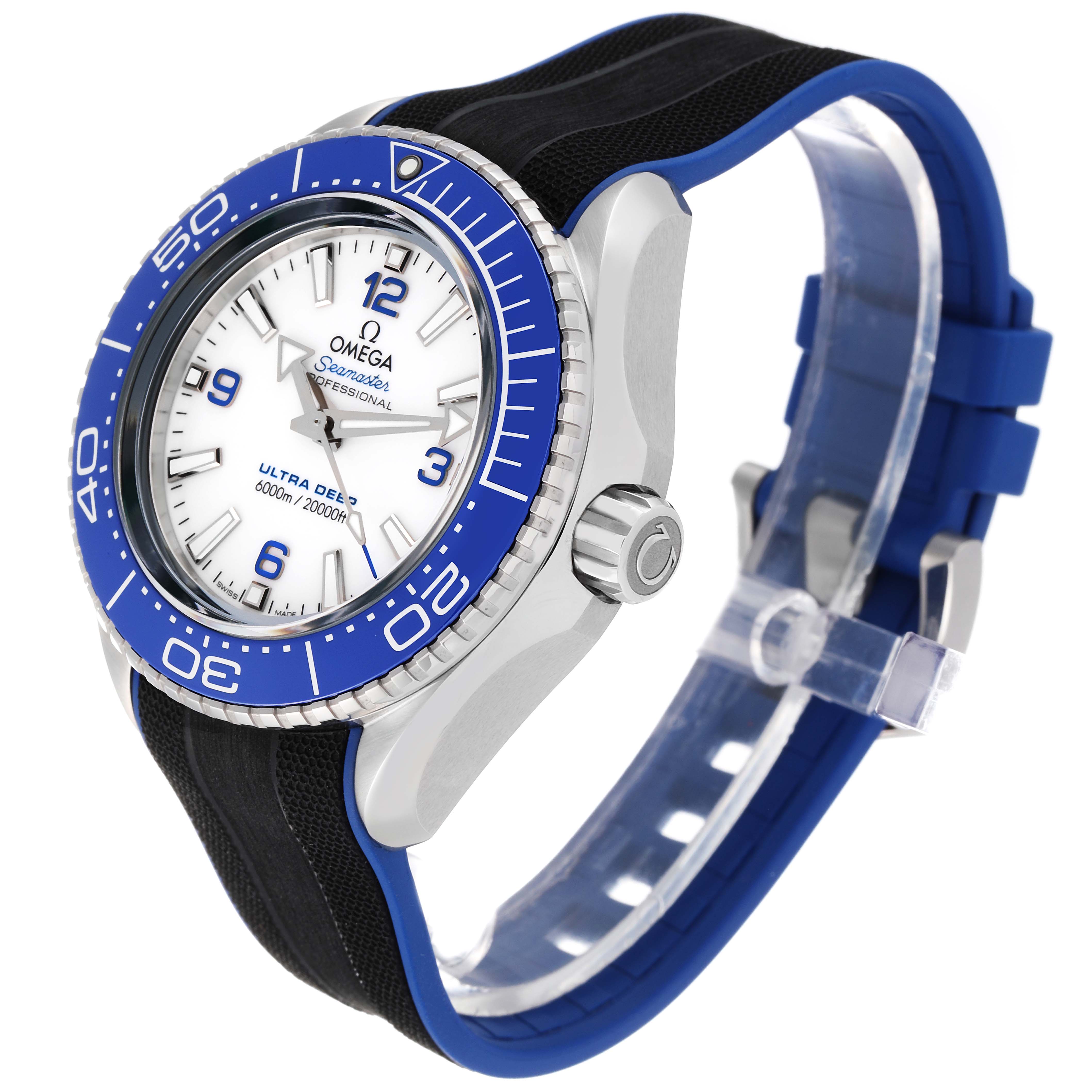 This image shows an angled view of an Omega Planet Ocean 215.32.46.21.04.001 Men's Stainless Steel White Dial 215.32.46.21.04.001 Men's Stainless Steel White Dial watch, displaying the crown, bezel, dial, and part of the strap.