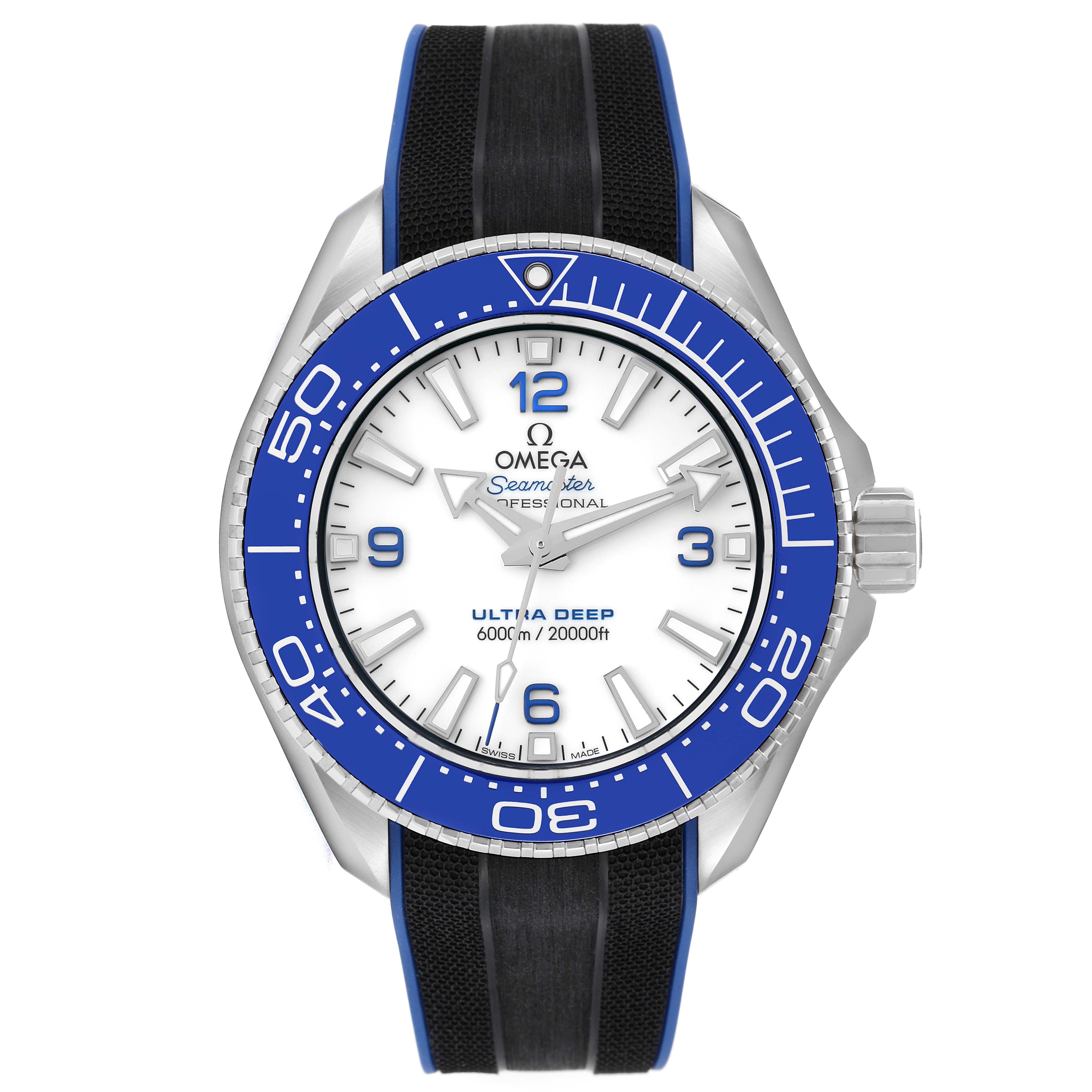 The Omega Seamaster Planet Ocean Ultra Deep watch is shown from the front, highlighting its blue bezel, white dial, and black strap.