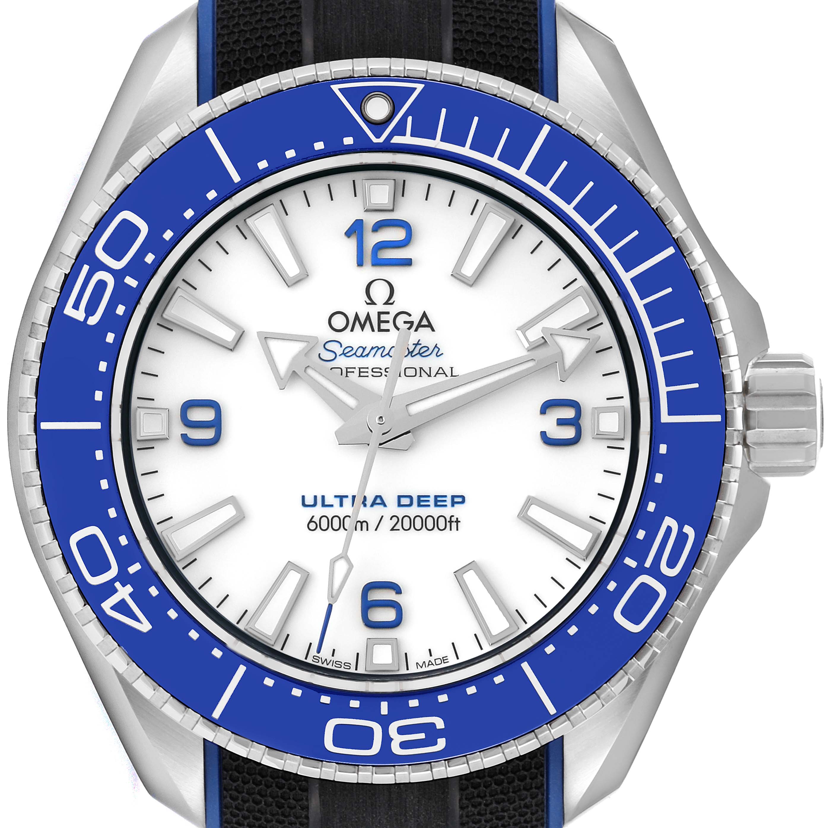 The image shows a front view of the Omega Planet Ocean 215.32.46.21.04.001 Men's Stainless Steel White Dial 215.32.46.21.04.001 Men's Stainless Steel White Dial Ultra Deep watch, highlighting the blue bezel, white dial, and crown.