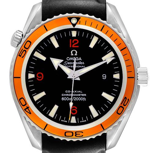 The Omega Seamaster 2208.50.00 Men's Stainless Steel Black Dial watch is shown from the front, displaying its face, bezel, and crown.
