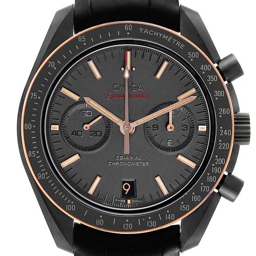 The Omega Speedmaster 311.63.44.51.06.001 Men's Ceramic Grey Dial watch is shown from a front angle, displaying the dial, subdials, hands, bezel, and crown.