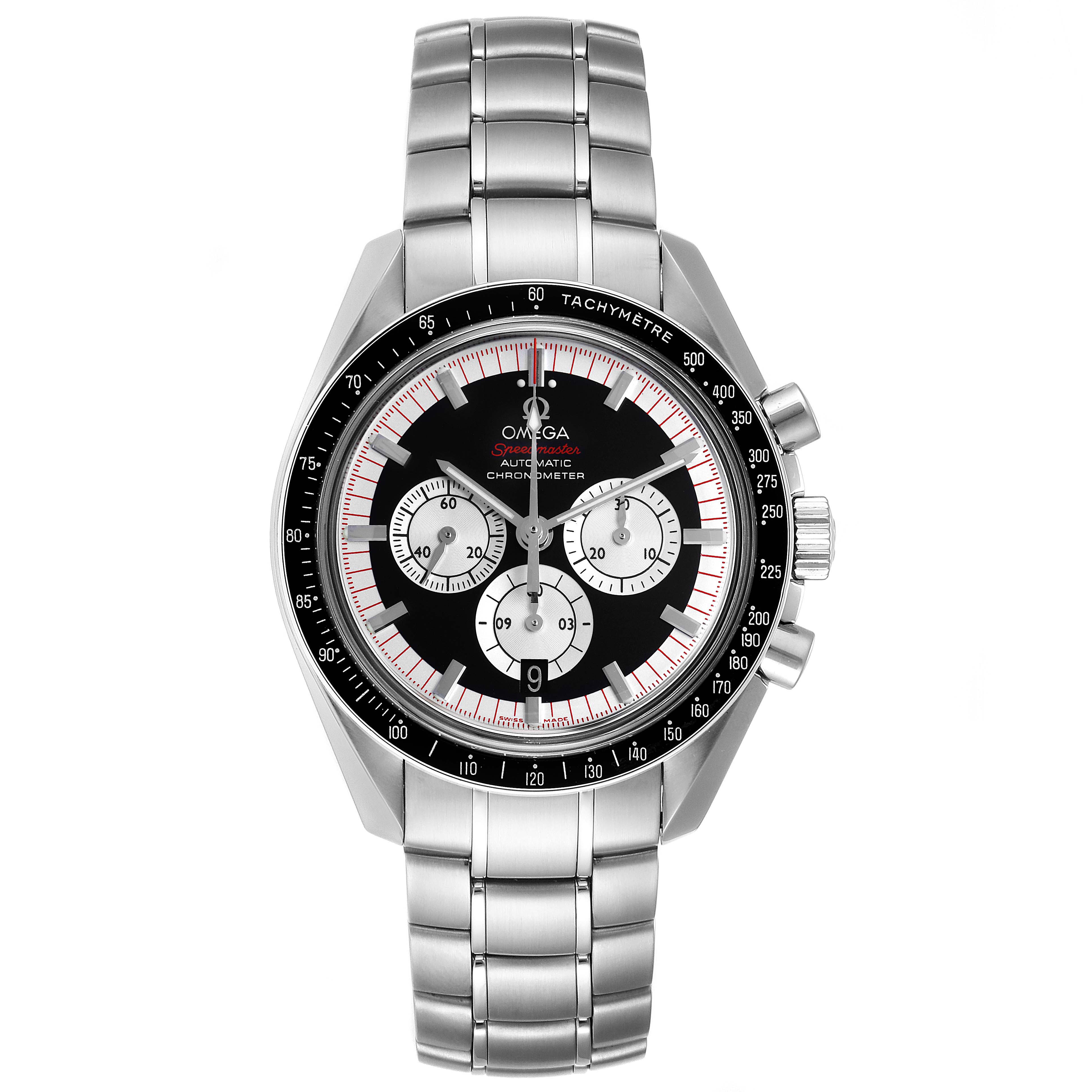 The Omega Speedmaster 3507.51.00 Men's Stainless Steel Black Dial 3507.51.00 Men's Stainless Steel Black Dial watch is shown in a front-facing view, highlighting its chronograph dials and stainless steel bracelet.