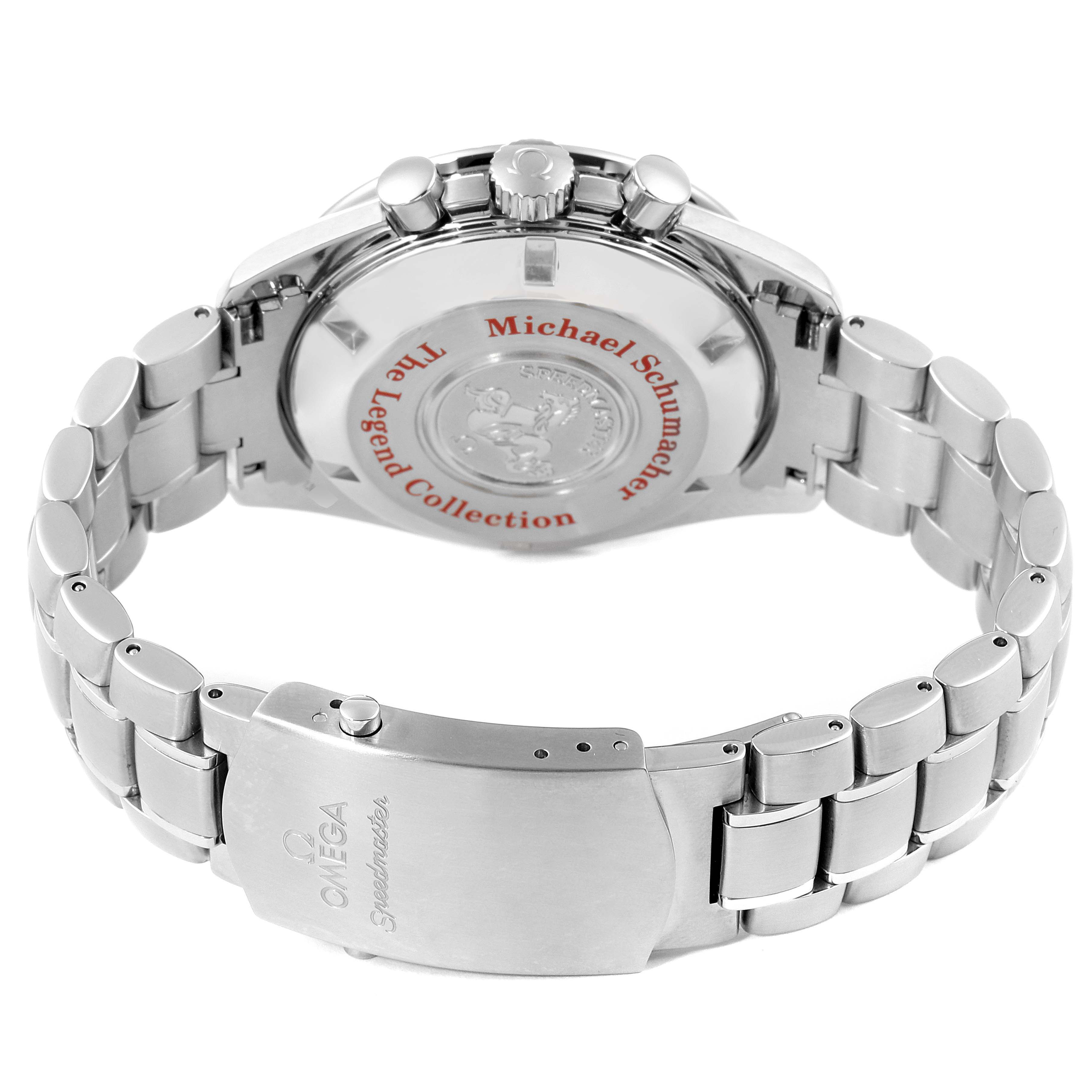 The image shows the back and clasp of an Omega Speedmaster 3507.51.00 Men's Stainless Steel Black Dial 3507.51.00 Men's Stainless Steel Black Dial watch from the Michael Schumacher Legend Collection.