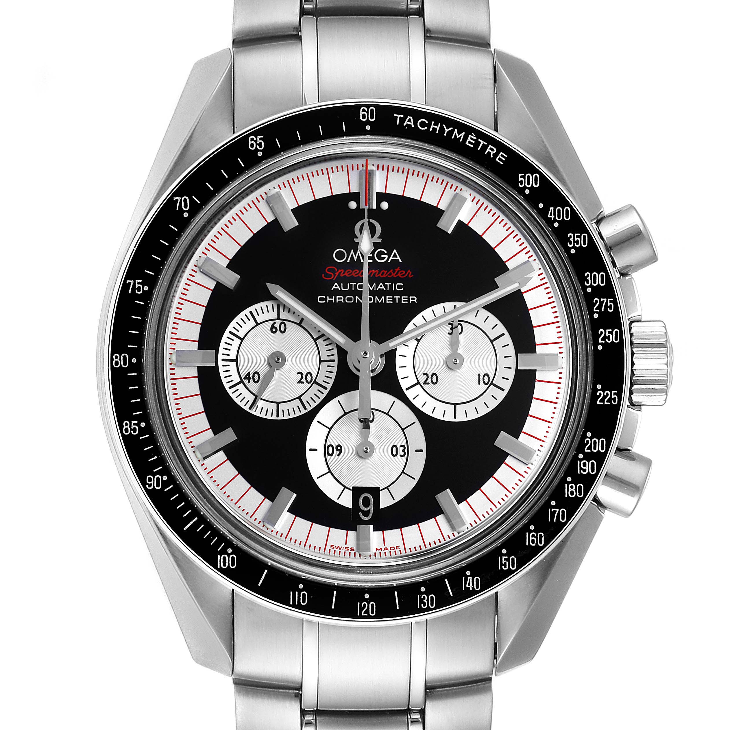 The image shows a frontal view of the Omega Speedmaster 3507.51.00 Men's Stainless Steel Black Dial 3507.51.00 Men's Stainless Steel Black Dial watch, highlighting its dial, bezel, and chronograph subdials.