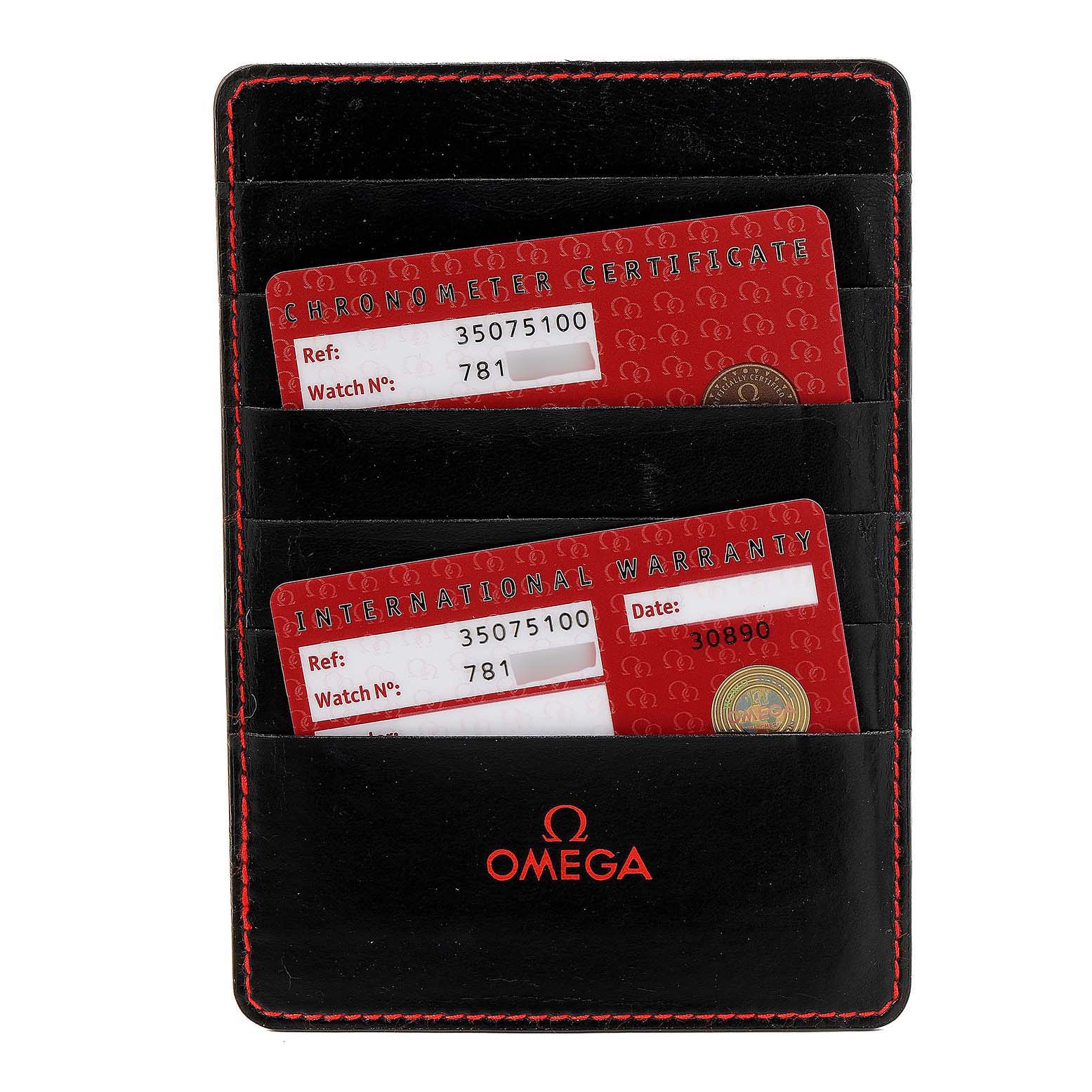 This image shows an Omega Speedmaster 3507.51.00 Men's Stainless Steel Black Dial 3507.51.00 Men's Stainless Steel Black Dial watch's black leather cardholder with a chronometer certificate and international warranty cards.