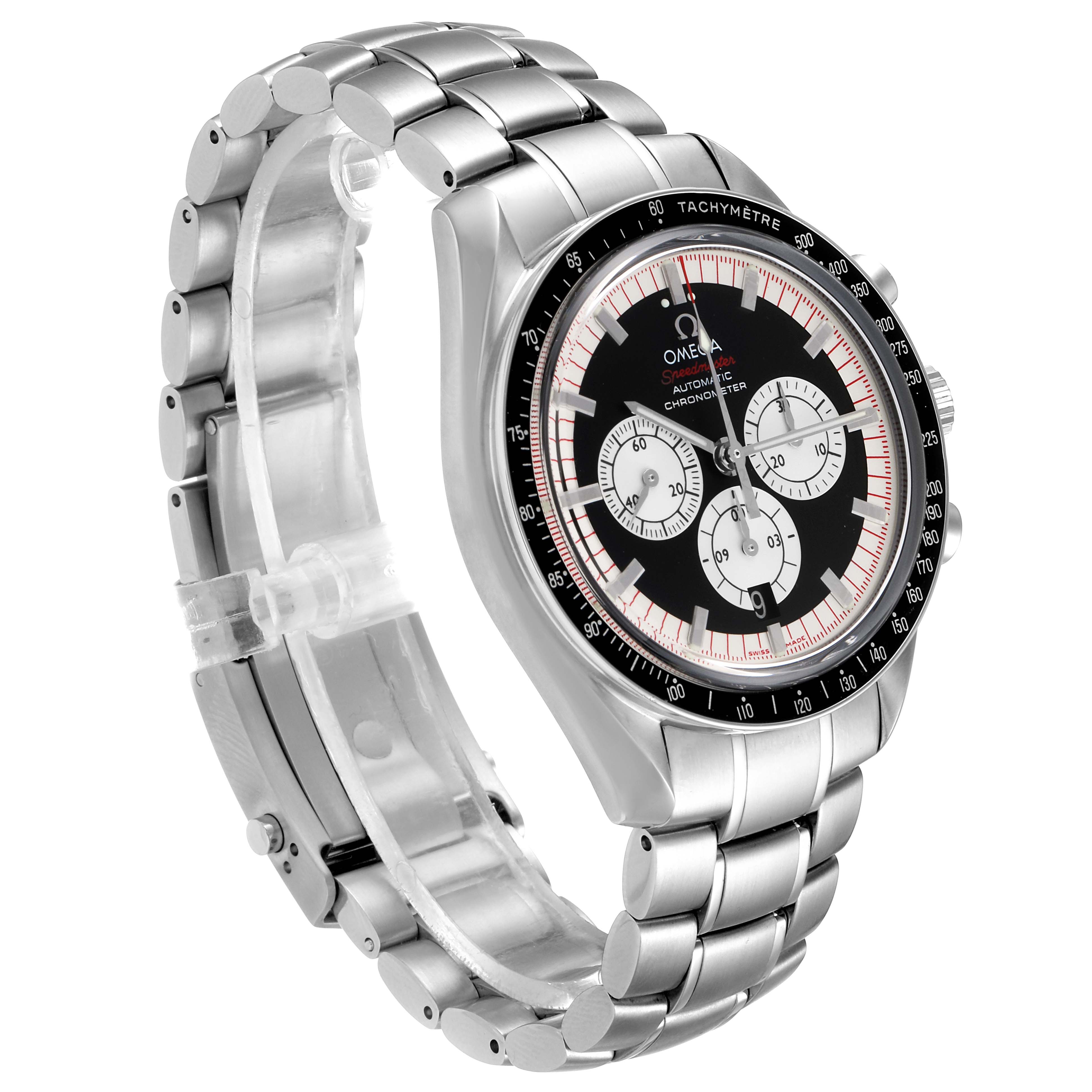 The Omega Speedmaster 3507.51.00 Men's Stainless Steel Black Dial 3507.51.00 Men's Stainless Steel Black Dial watch is shown at an angled view, highlighting the dial, bracelet, and tachymeter bezel.