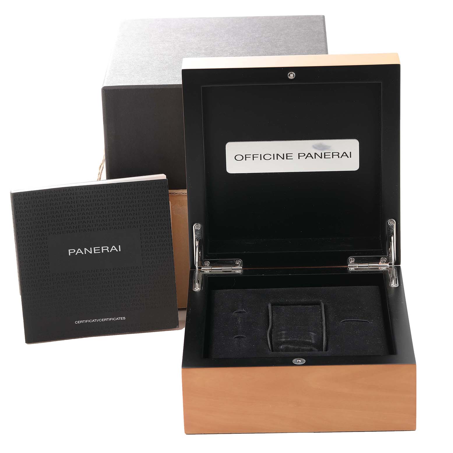 The image shows an open Panerai Luminor PAM00359 Men
s Stainless Steel Black Dial PAM00359 Men
s Stainless Steel Black Dial watch box with its packaging and certification booklets.