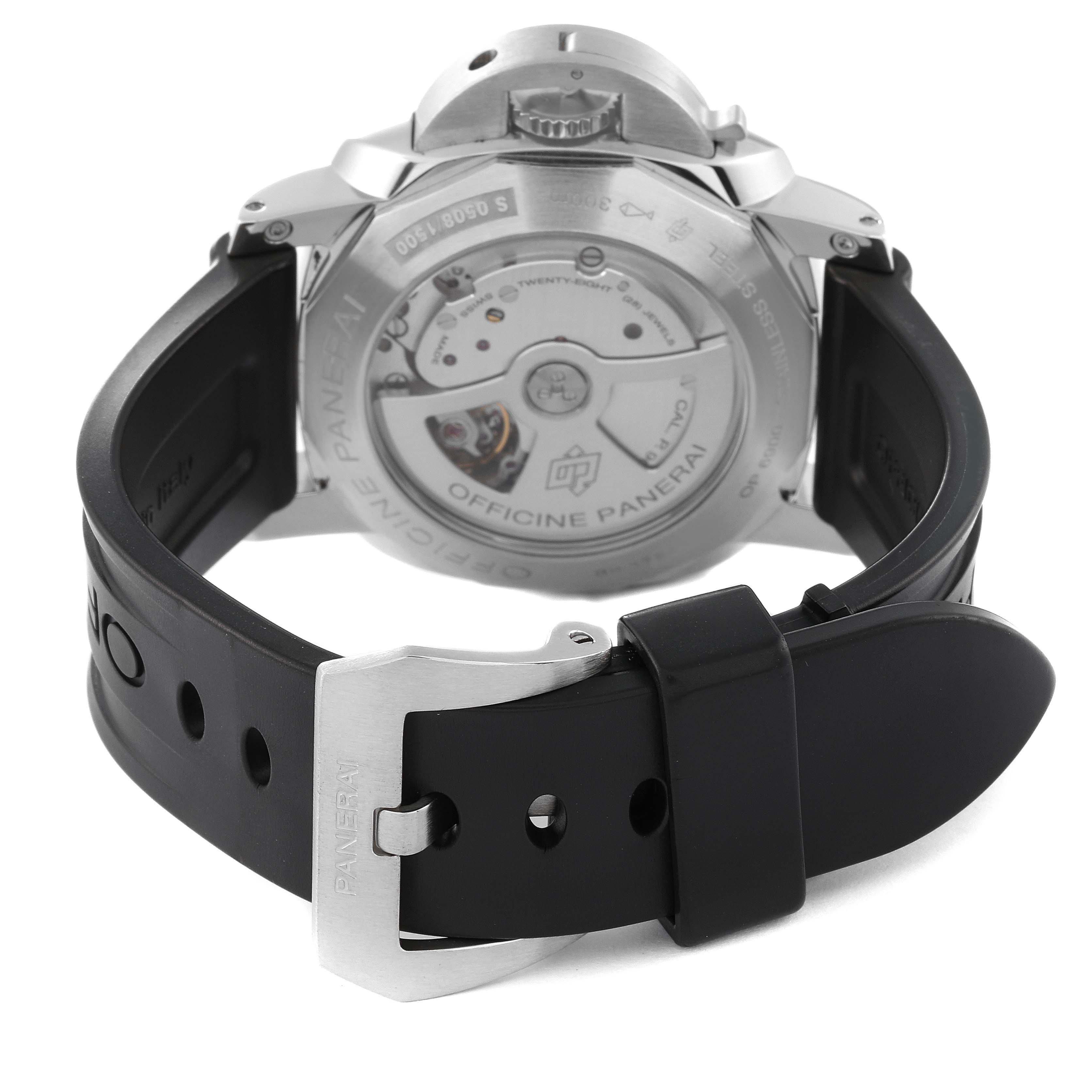 The image shows the back view of a Panerai Luminor PAM00359 Men
s Stainless Steel Black Dial PAM00359 Men
s Stainless Steel Black Dial watch, highlighting the buckle and transparent case back.