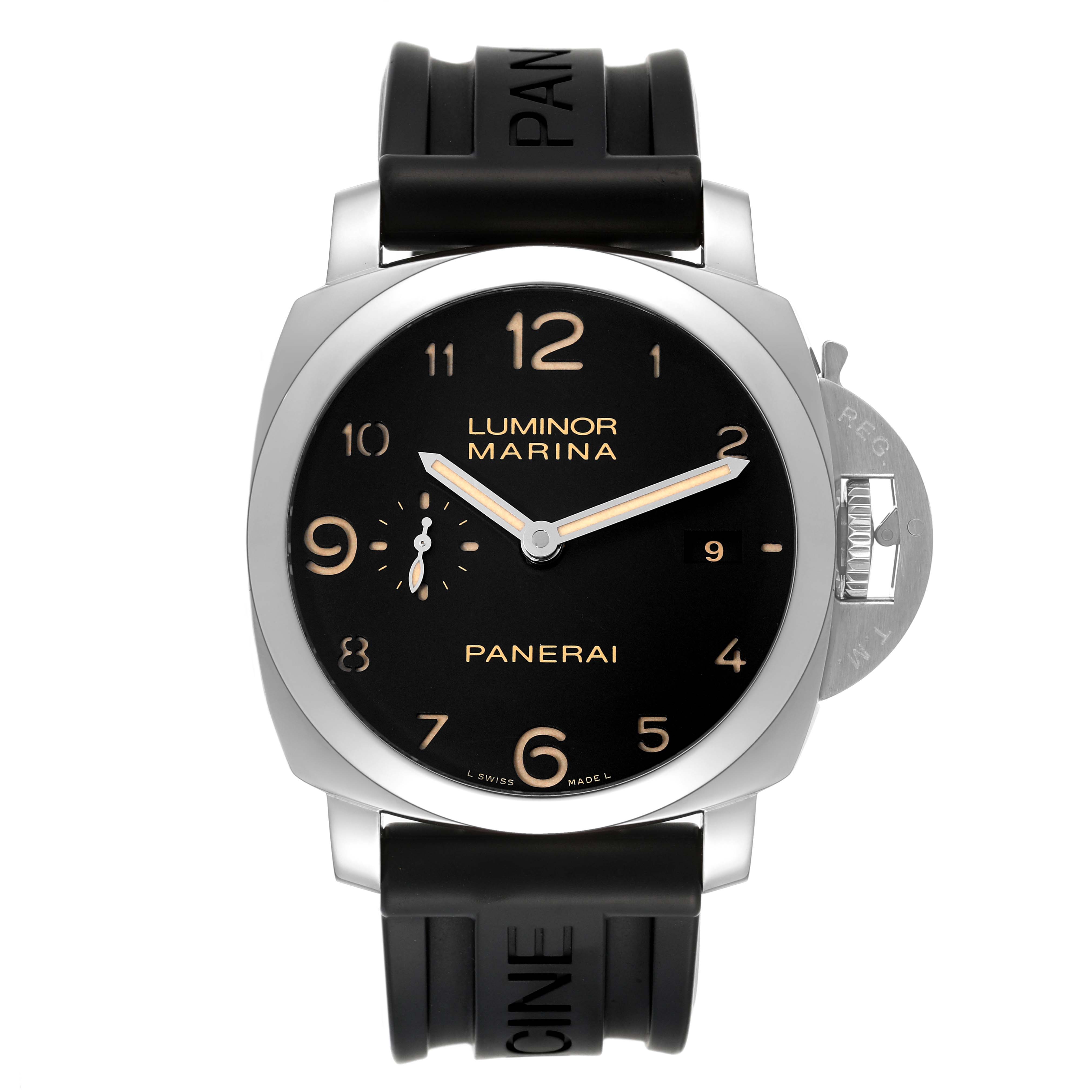 This is a front view of the Panerai Luminor PAM00359 Men
s Stainless Steel Black Dial PAM00359 Men
s Stainless Steel Black Dial Marina watch displaying the dial, case, and strap.