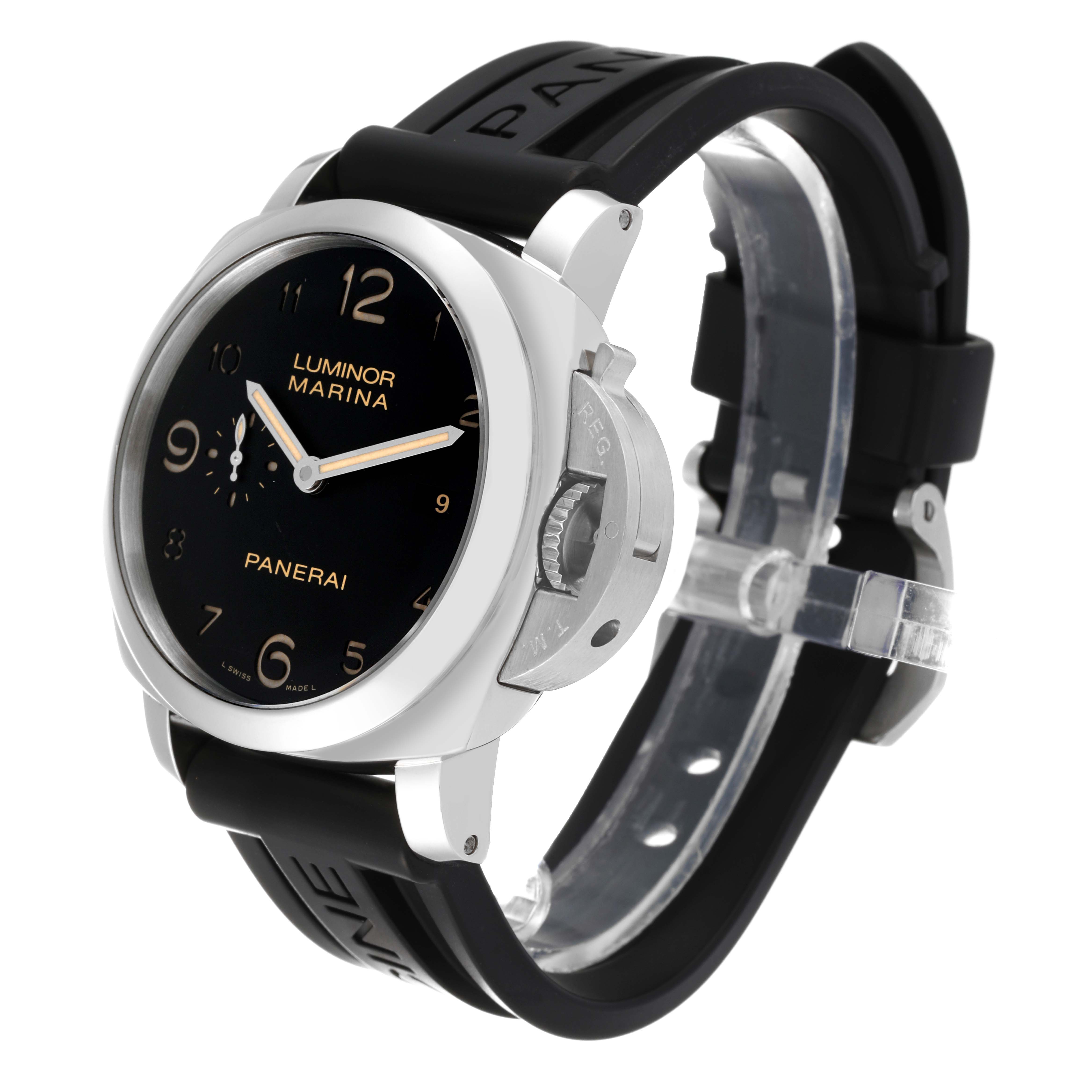 The Panerai Luminor PAM00359 Men
s Stainless Steel Black Dial PAM00359 Men
s Stainless Steel Black Dial watch is shown from a front-right angle, displaying the face, crown, and black rubber strap.