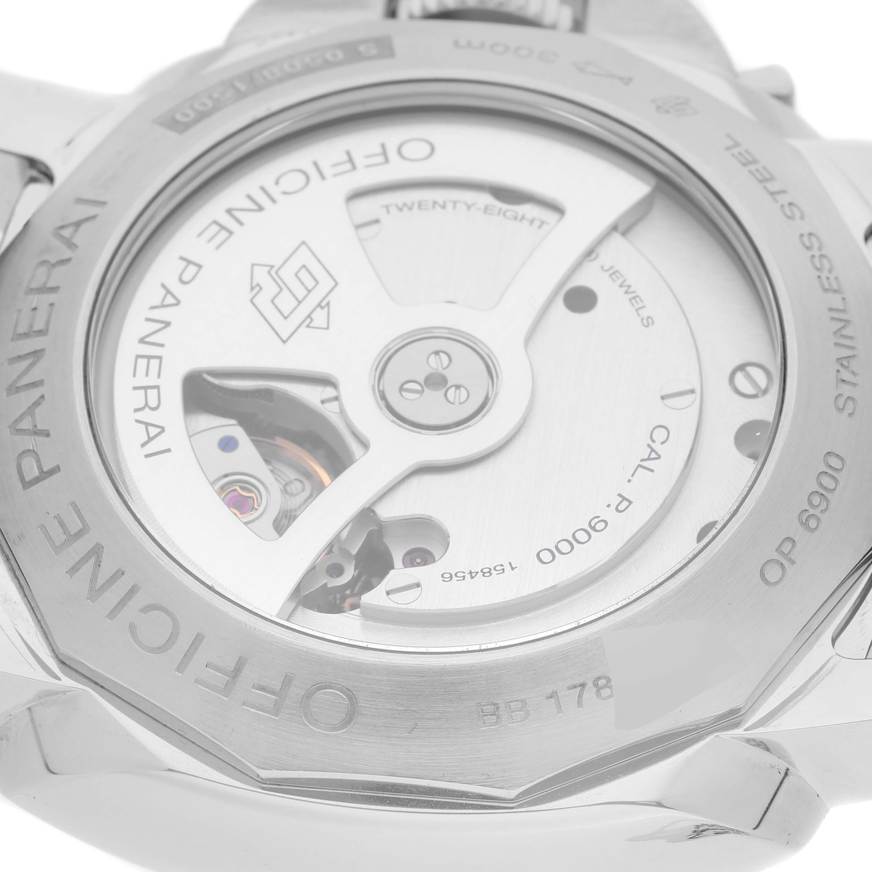 The image shows the back angle of the Panerai Luminor PAM00359 Men
s Stainless Steel Black Dial PAM00359 Men
s Stainless Steel Black Dial watch, highlighting its movement and stainless steel case back.