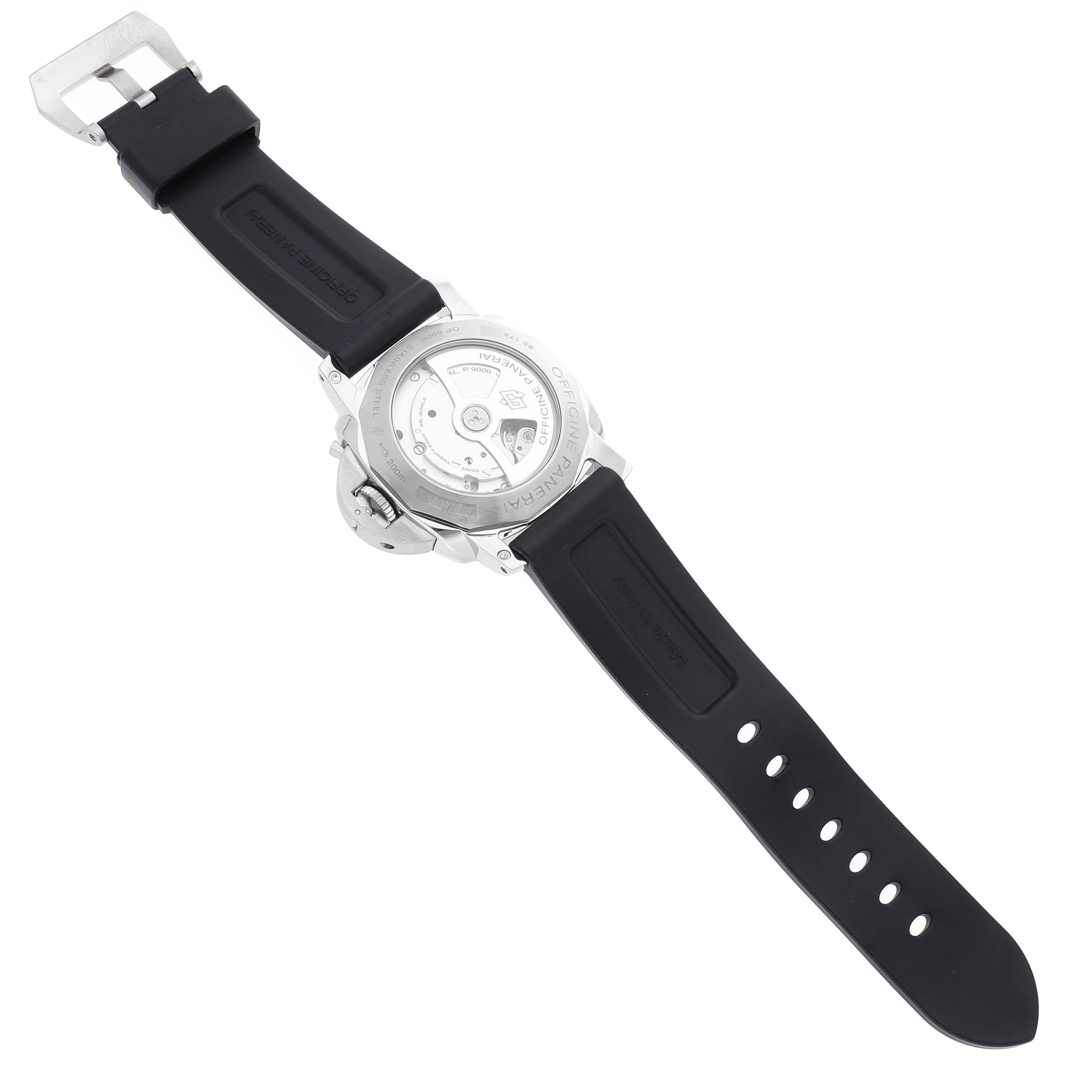 The image shows the back view and straps of a Panerai Luminor PAM00359 Men
s Stainless Steel Black Dial PAM00359 Men
s Stainless Steel Black Dial watch, highlighting the transparent case back and black rubber strap.