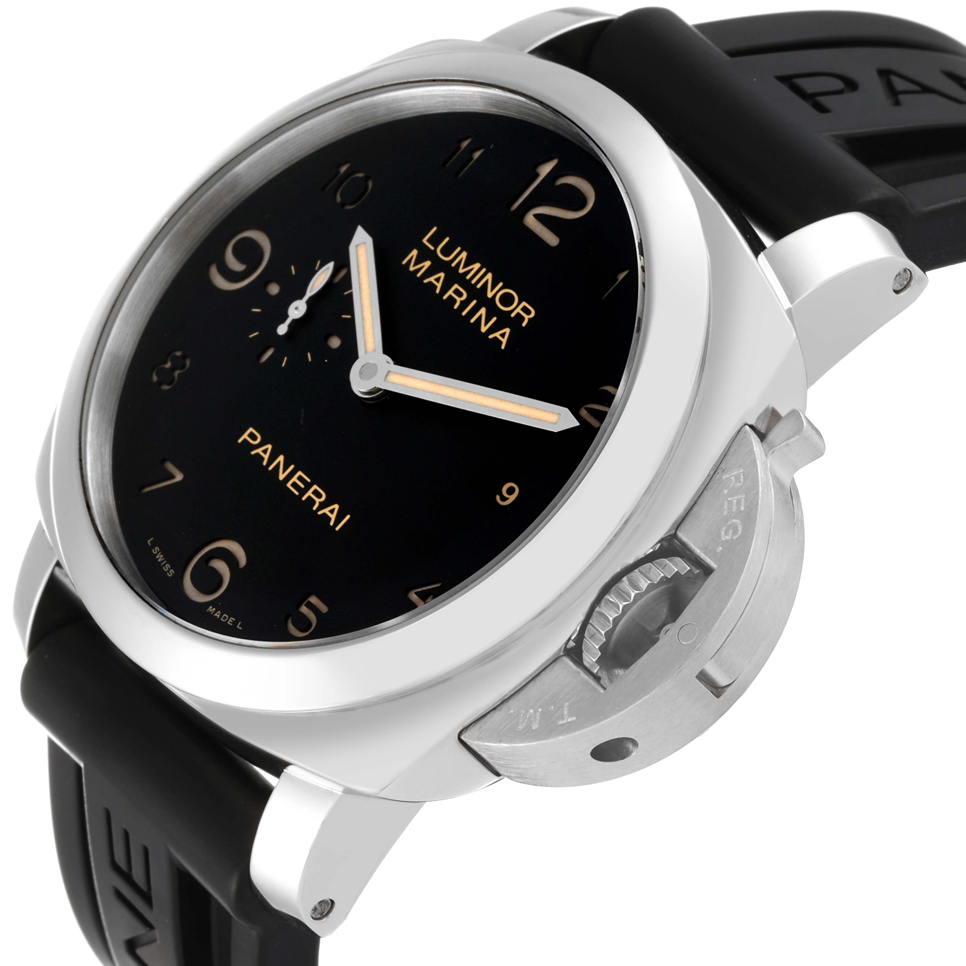 The image shows the Panerai Luminor PAM00359 Men
s Stainless Steel Black Dial PAM00359 Men
s Stainless Steel Black Dial watch at a three-quarter angle, highlighting the dial, crown guard, and black strap.