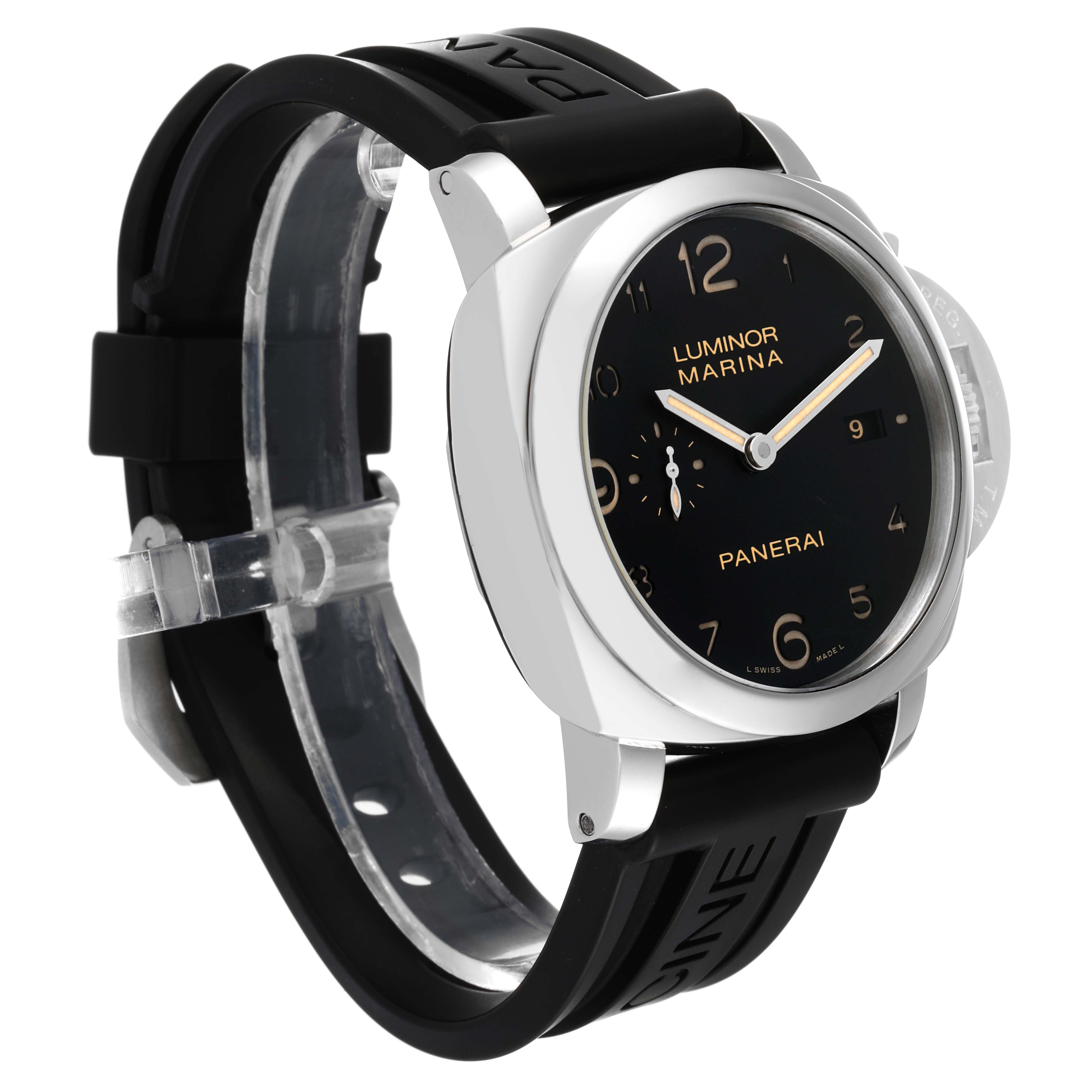 The Panerai Luminor PAM00359 Men
s Stainless Steel Black Dial PAM00359 Men
s Stainless Steel Black Dial model is shown at a three-quarter angle, highlighting the face, bezel, crown guard, and black strap.