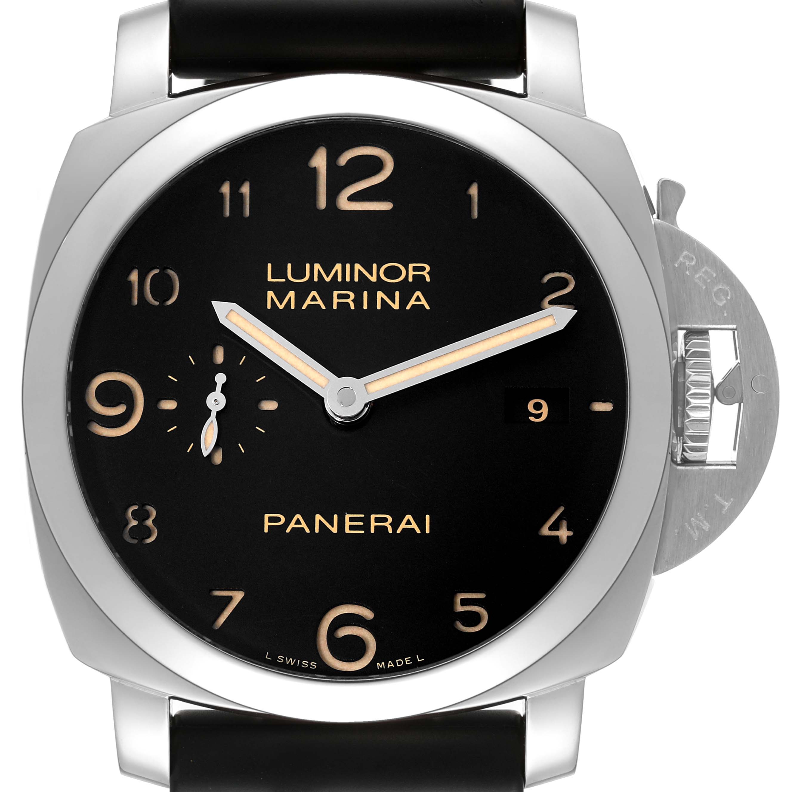 The image shows a front view of a Panerai Luminor PAM00359 Men
s Stainless Steel Black Dial PAM00359 Men
s Stainless Steel Black Dial Marina watch with a black dial and silver accents.