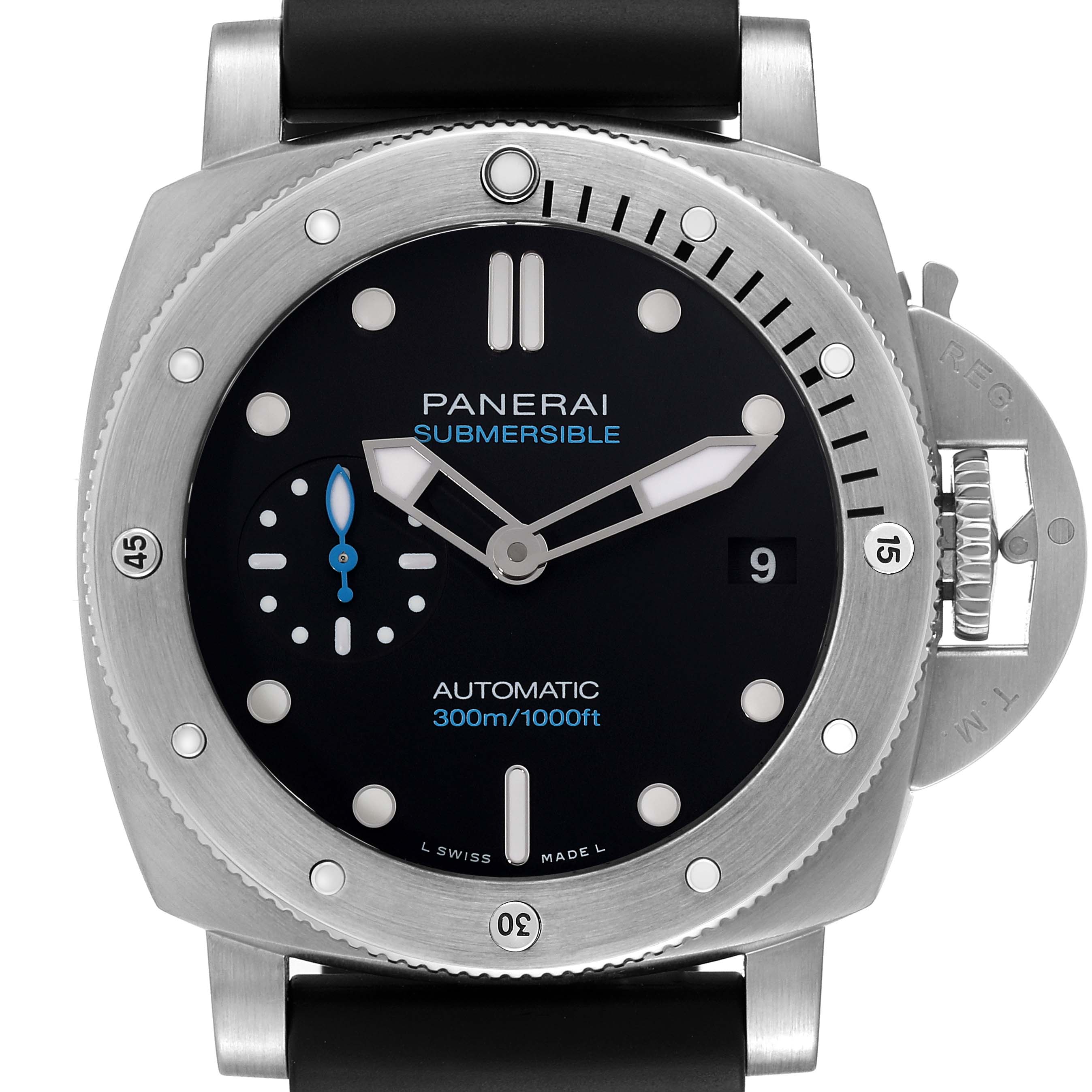 The image shows the face of a Panerai Submersible PAM00973 Men's Stainless Steel Black Dial PAM00973 Men's Stainless Steel Black Dial watch, displaying its dial, hands, bezel, and crown guard from a front angle.
